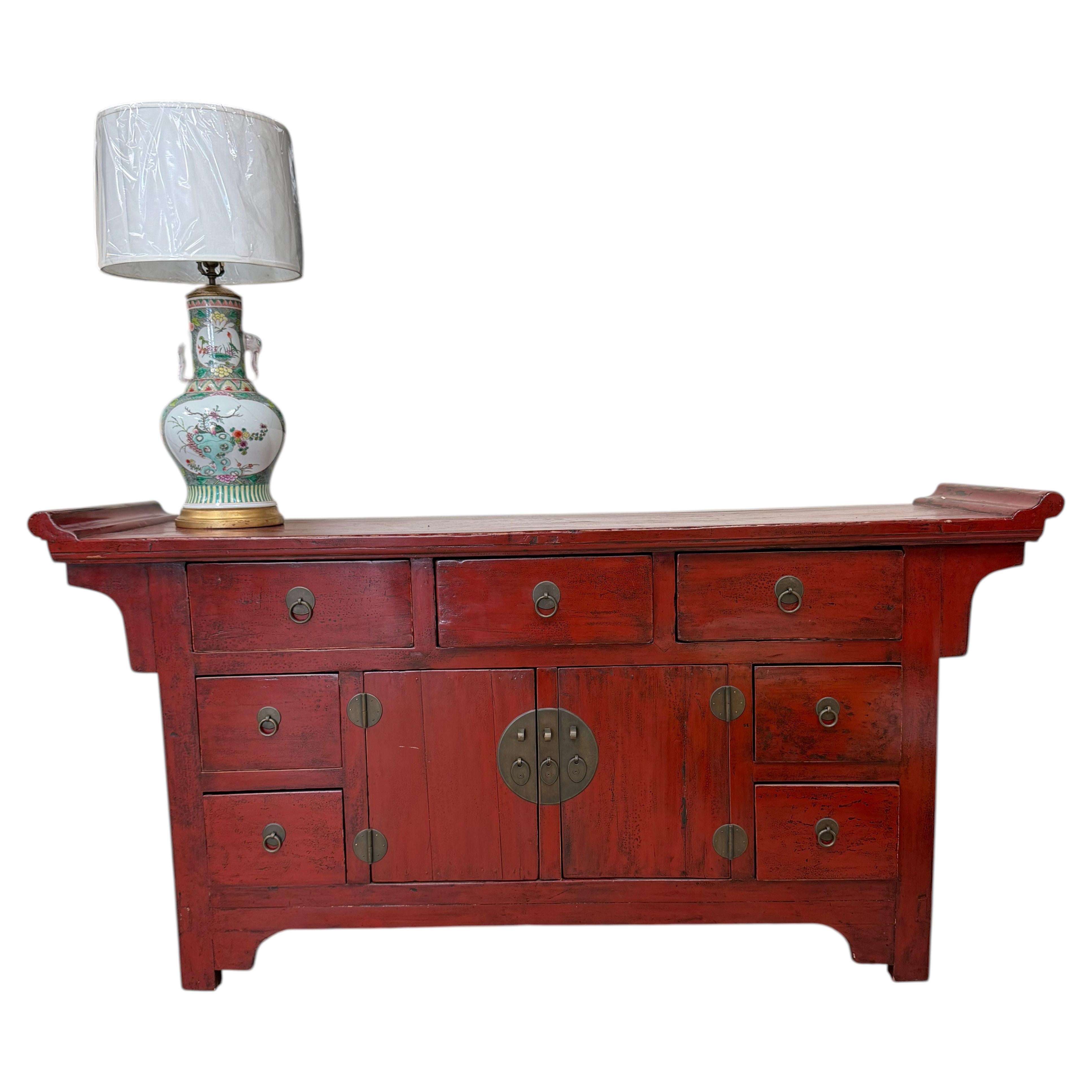 19th Century Qing Dynasty Chinese Red Lacquer Chest/Side Board