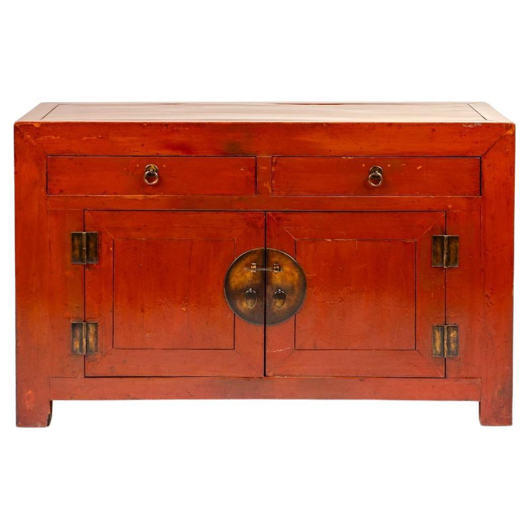 Chinesische Anrichte aus der Qing Dynasty des 19. Jahrhunderts in original orange-rotem und schwarzem Lack