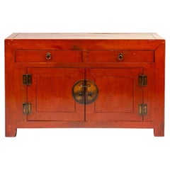 Antique 19th Century Qing Dynasty Chinese Sideboard in Original Orange-Red and Black Lac