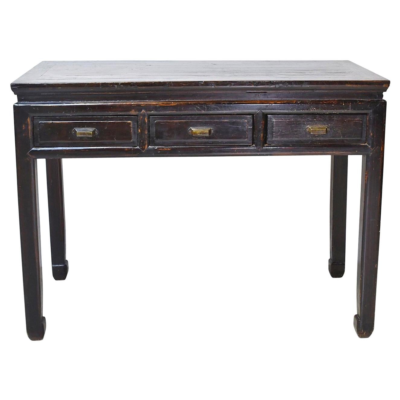 19th Century Qing Dynasty Chinese Sofa Table with Black Lacquer & Three Drawers