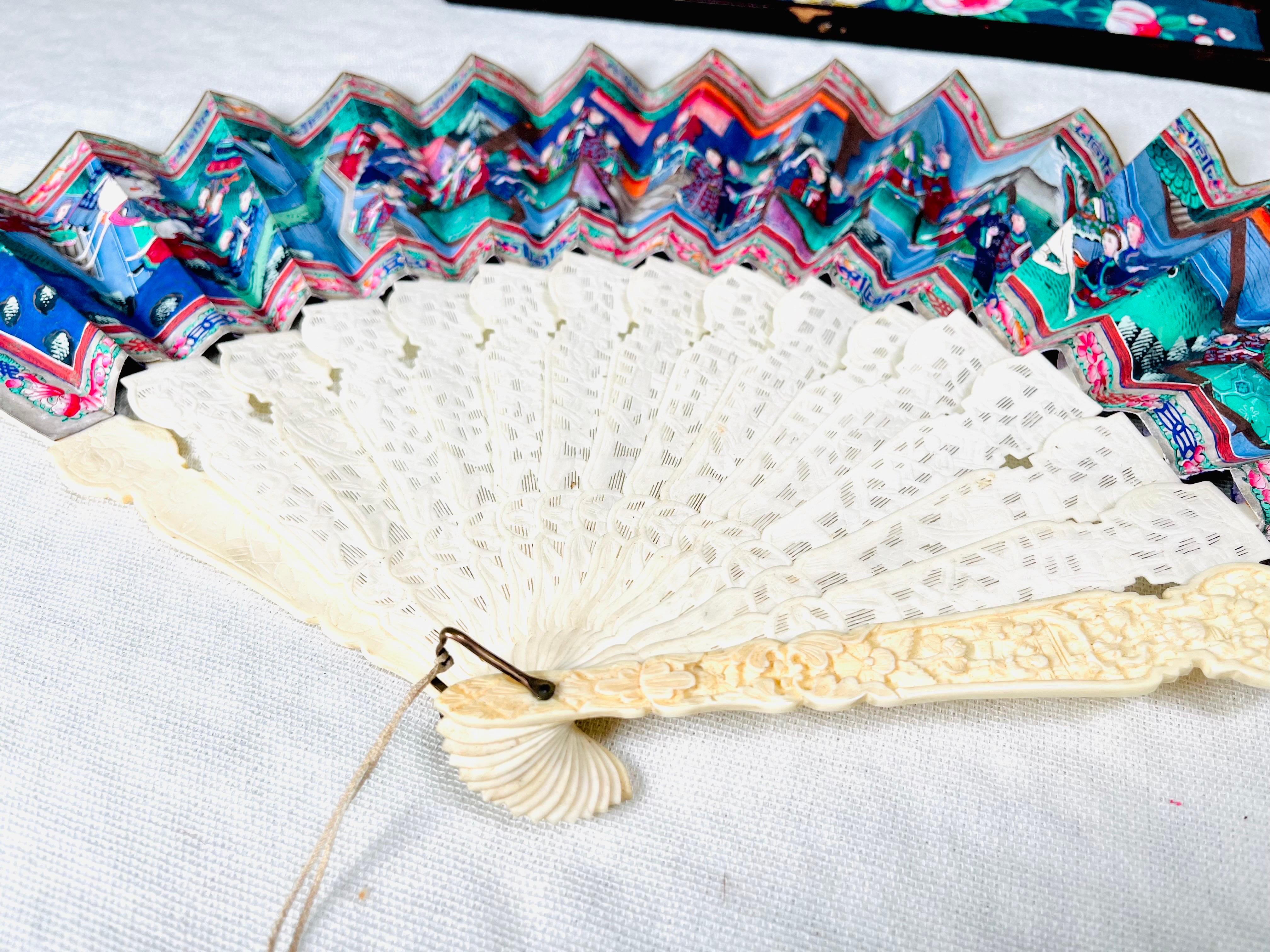 Hand-Carved 19th Century Qing Dynasty Chinese Telescopic Canton Fan with Carved Bone Stays