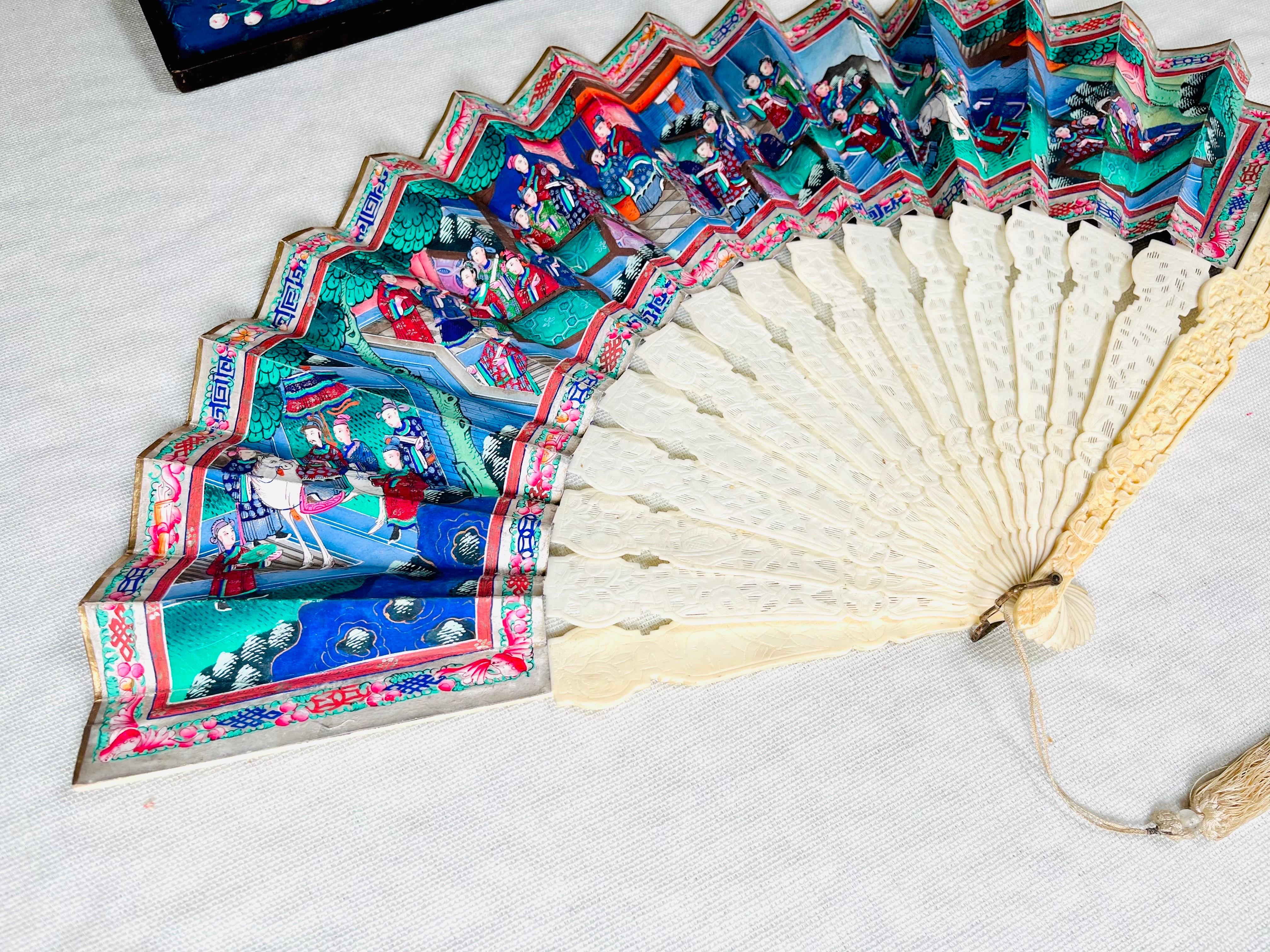 Brass 19th Century Qing Dynasty Chinese Telescopic Canton Fan with Carved Bone Stays