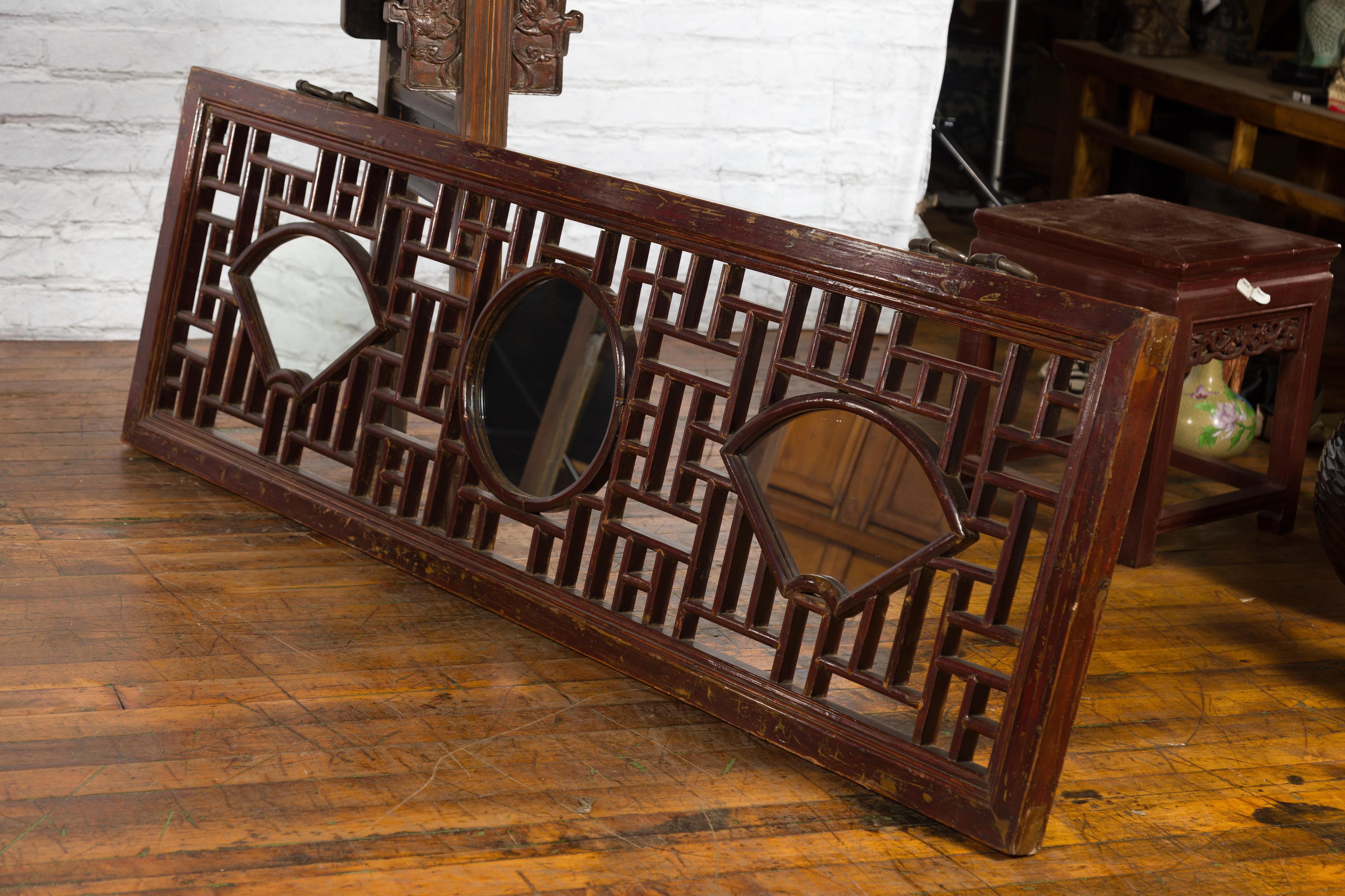 19th Century Qing Dynasty Elmwood Panel with Fretwork and Three Inset Mirrors 9