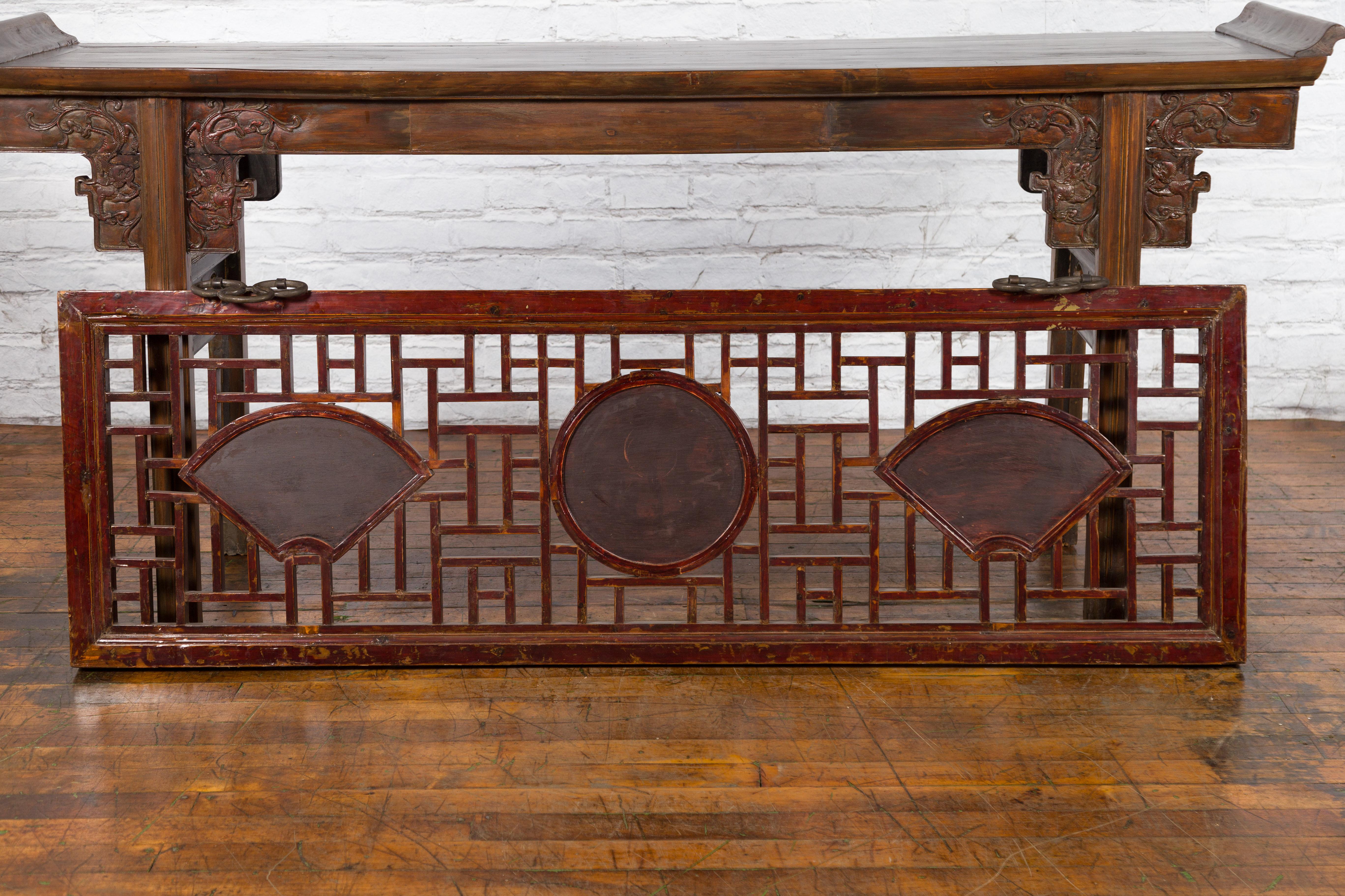 19th Century Qing Dynasty Elmwood Panel with Fretwork and Three Inset Mirrors 10