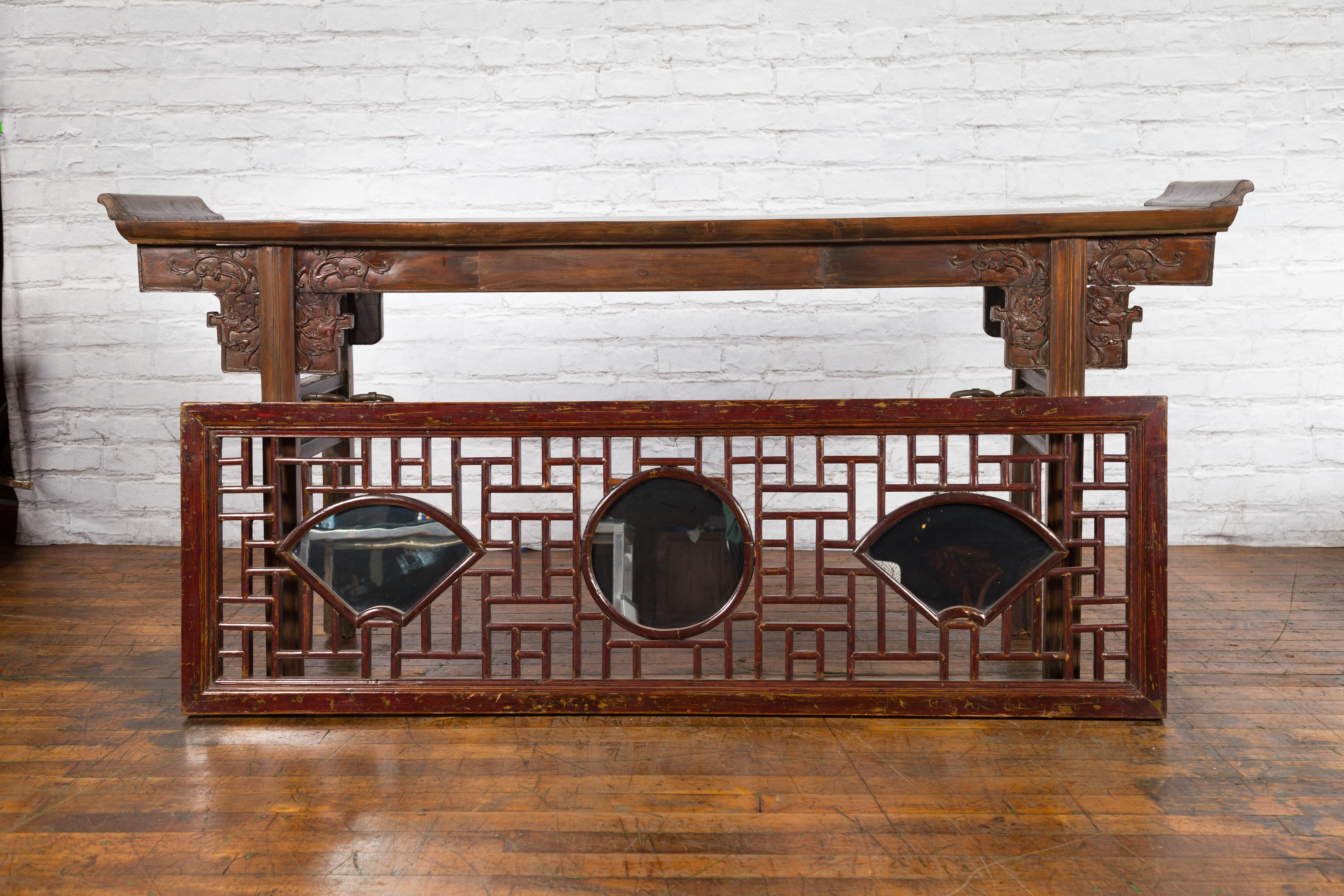 Chinese 19th Century Qing Dynasty Elmwood Panel with Fretwork and Three Inset Mirrors