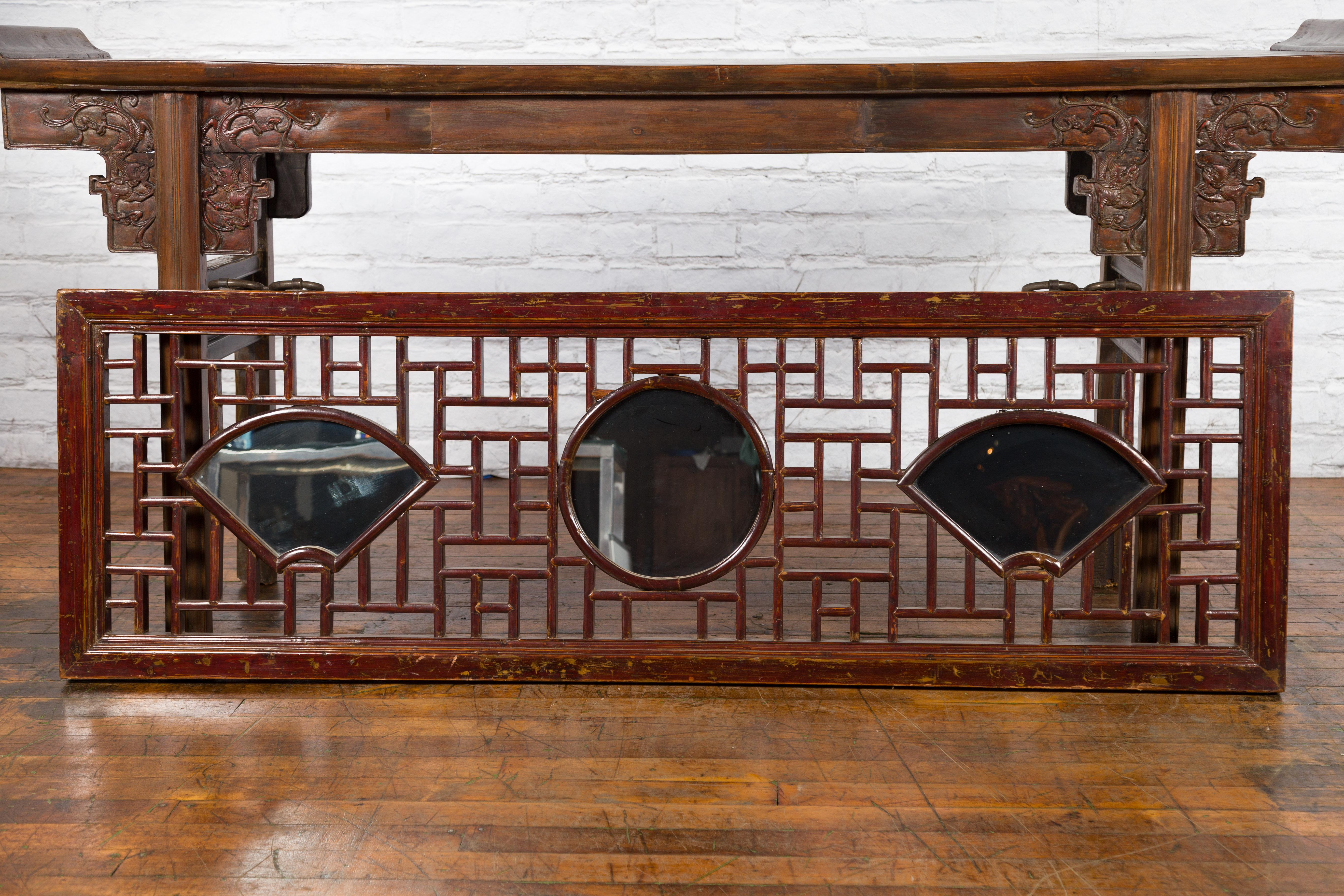 19th Century Qing Dynasty Elmwood Panel with Fretwork and Three Inset Mirrors In Good Condition In Yonkers, NY