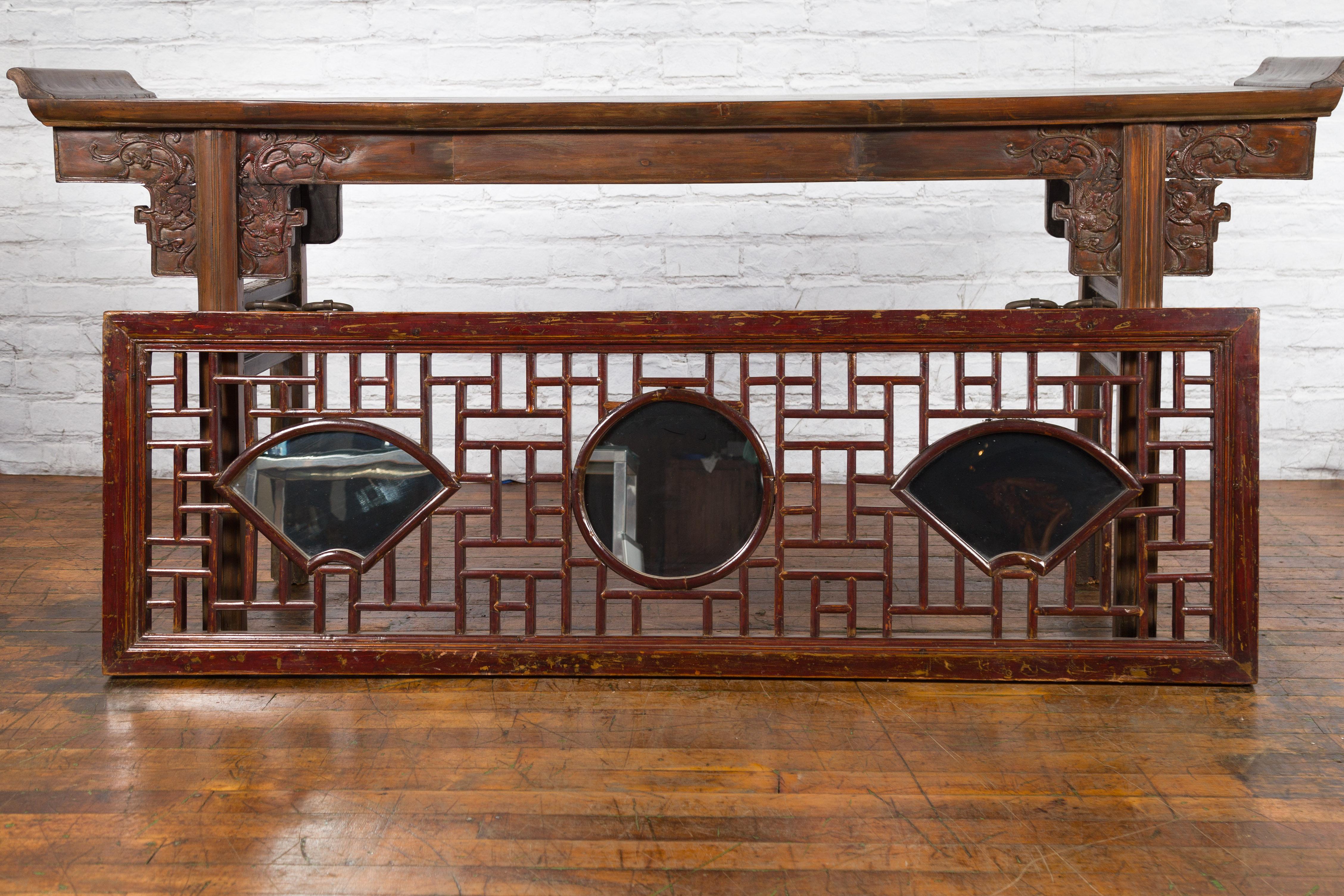 19th Century Qing Dynasty Elmwood Panel with Fretwork and Three Inset Mirrors 1