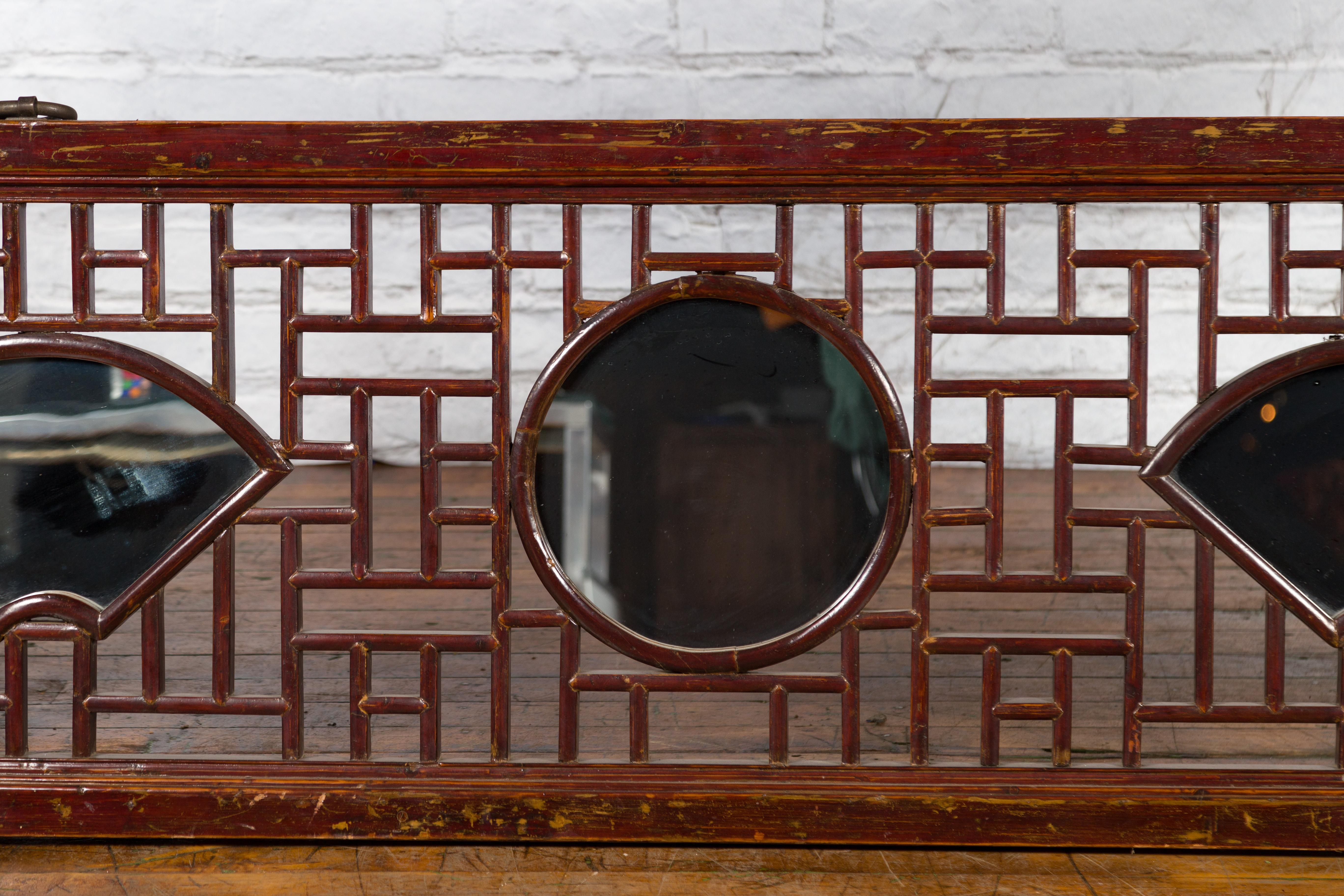 19th Century Qing Dynasty Elmwood Panel with Fretwork and Three Inset Mirrors 3