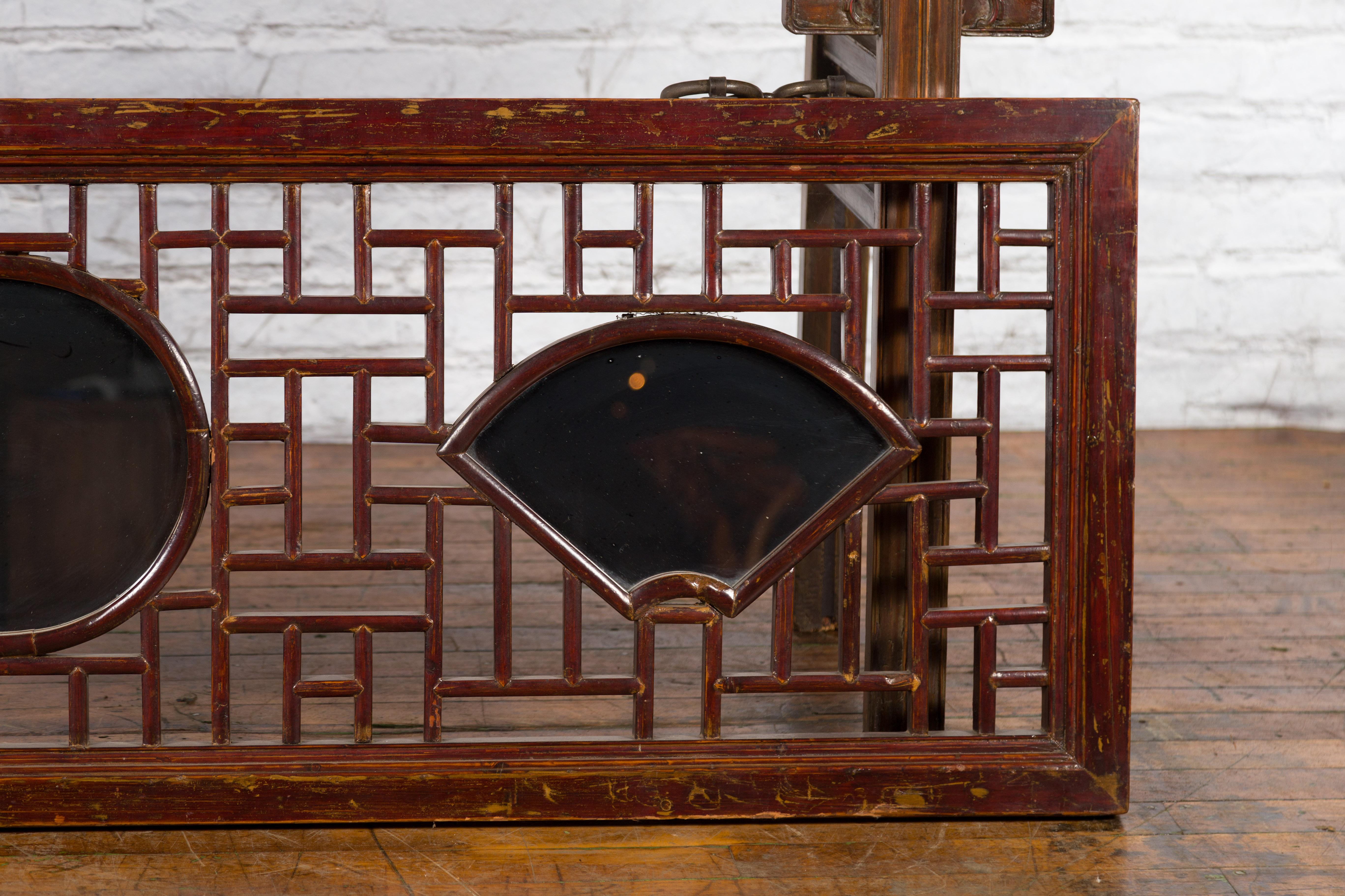 19th Century Qing Dynasty Elmwood Panel with Fretwork and Three Inset Mirrors 4