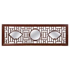 Antique 19th Century Qing Dynasty Elmwood Panel with Fretwork and Three Inset Mirrors
