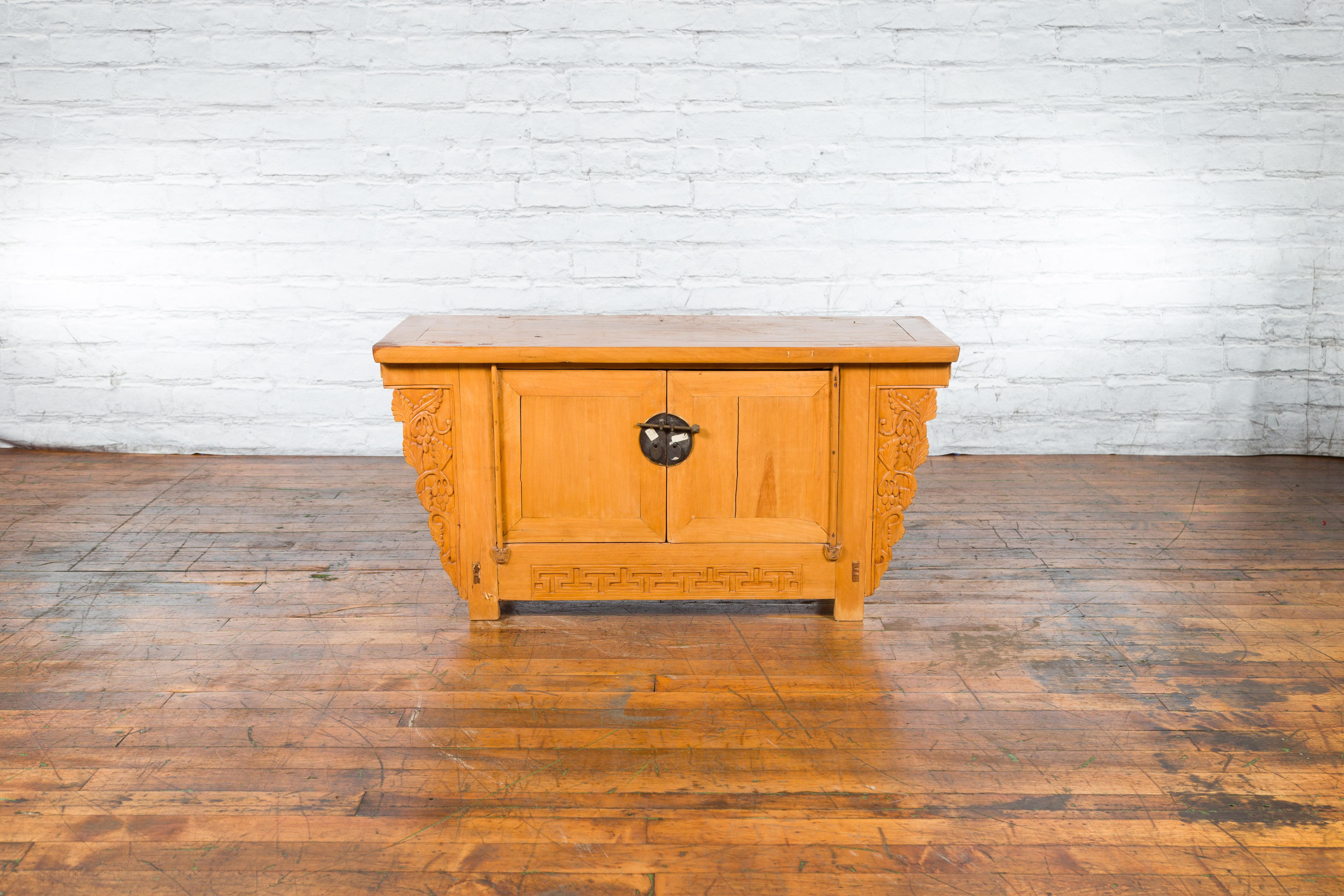 Bronze 19th Century Qing Dynasty Period Chinese Elm Wood Carved Butterfly Sideboard For Sale