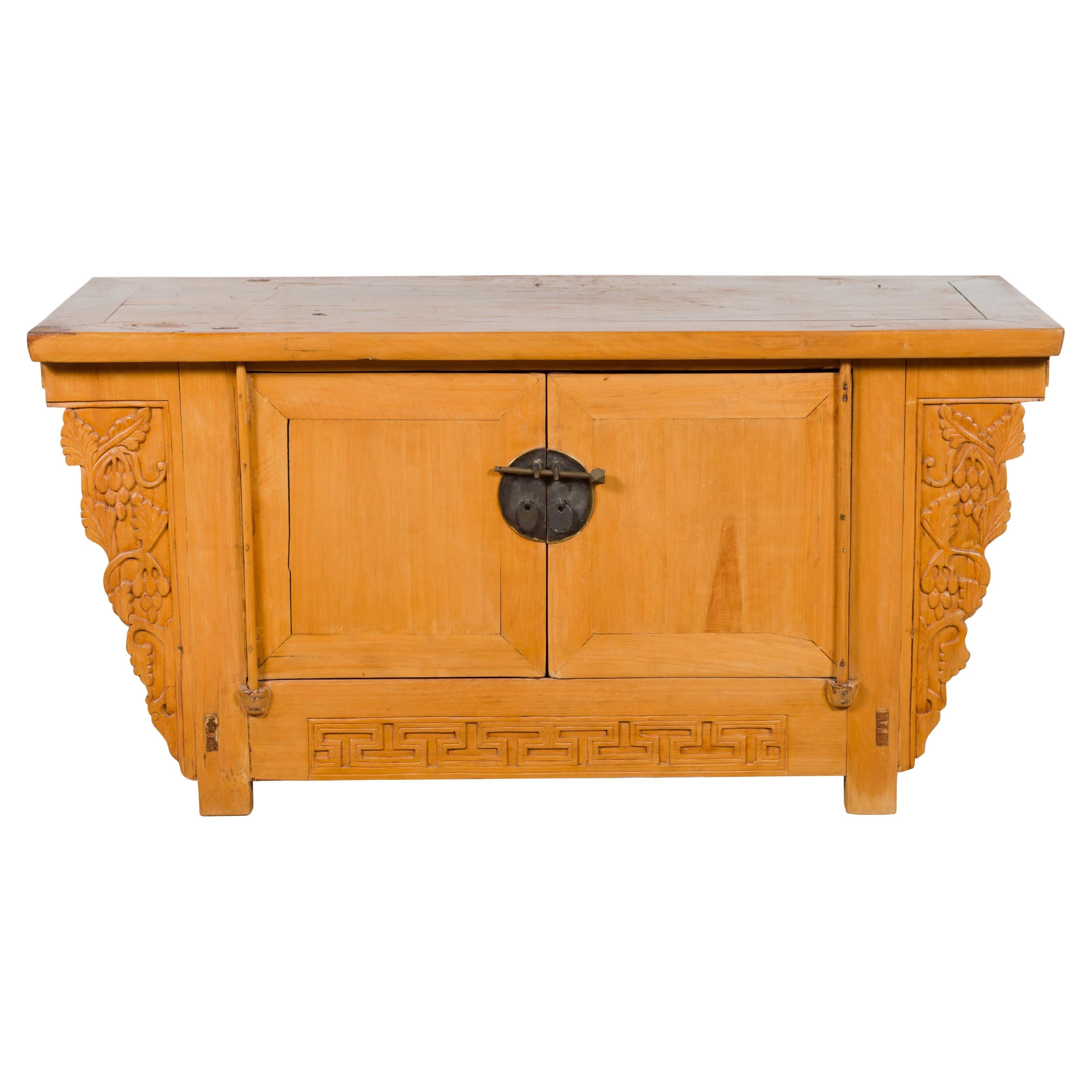 19th Century Qing Dynasty Period Chinese Elm Wood Carved Butterfly Sideboard For Sale