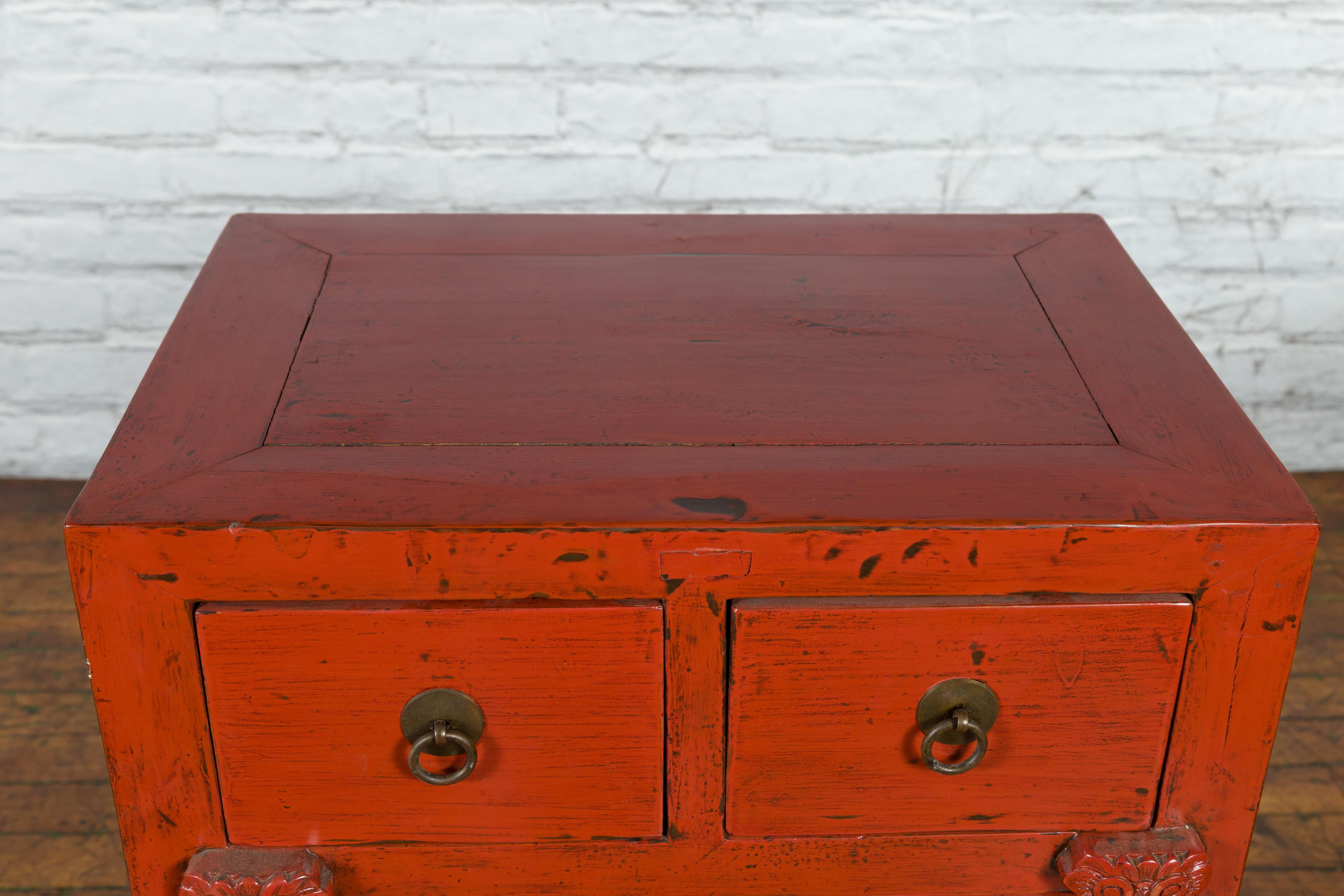 19th Century Qing Dynasty Red Lacquer Small Cabinet with Doors and Drawers For Sale 6