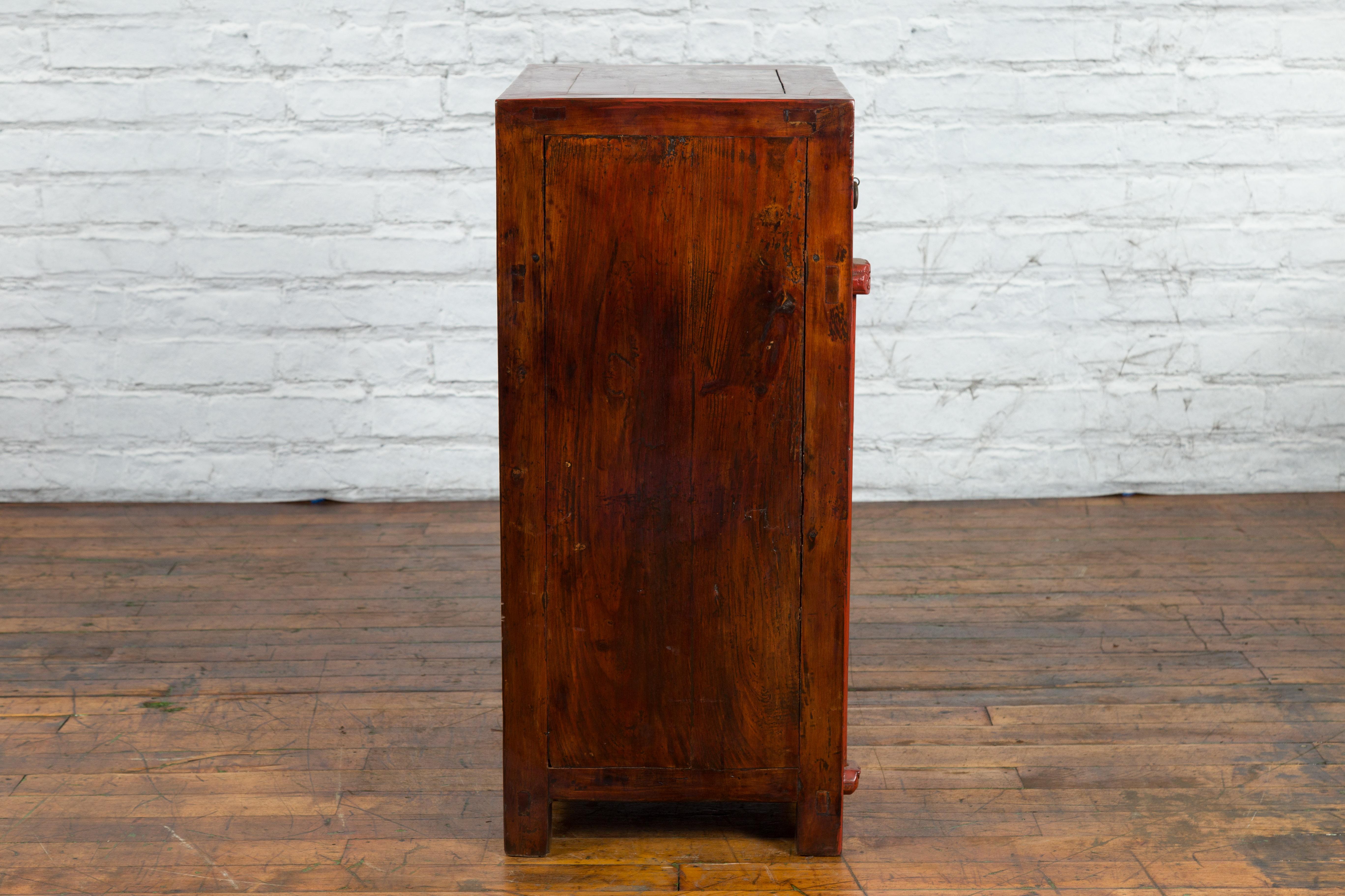 19th Century Qing Dynasty Red Lacquer Small Cabinet with Doors and Drawers For Sale 7