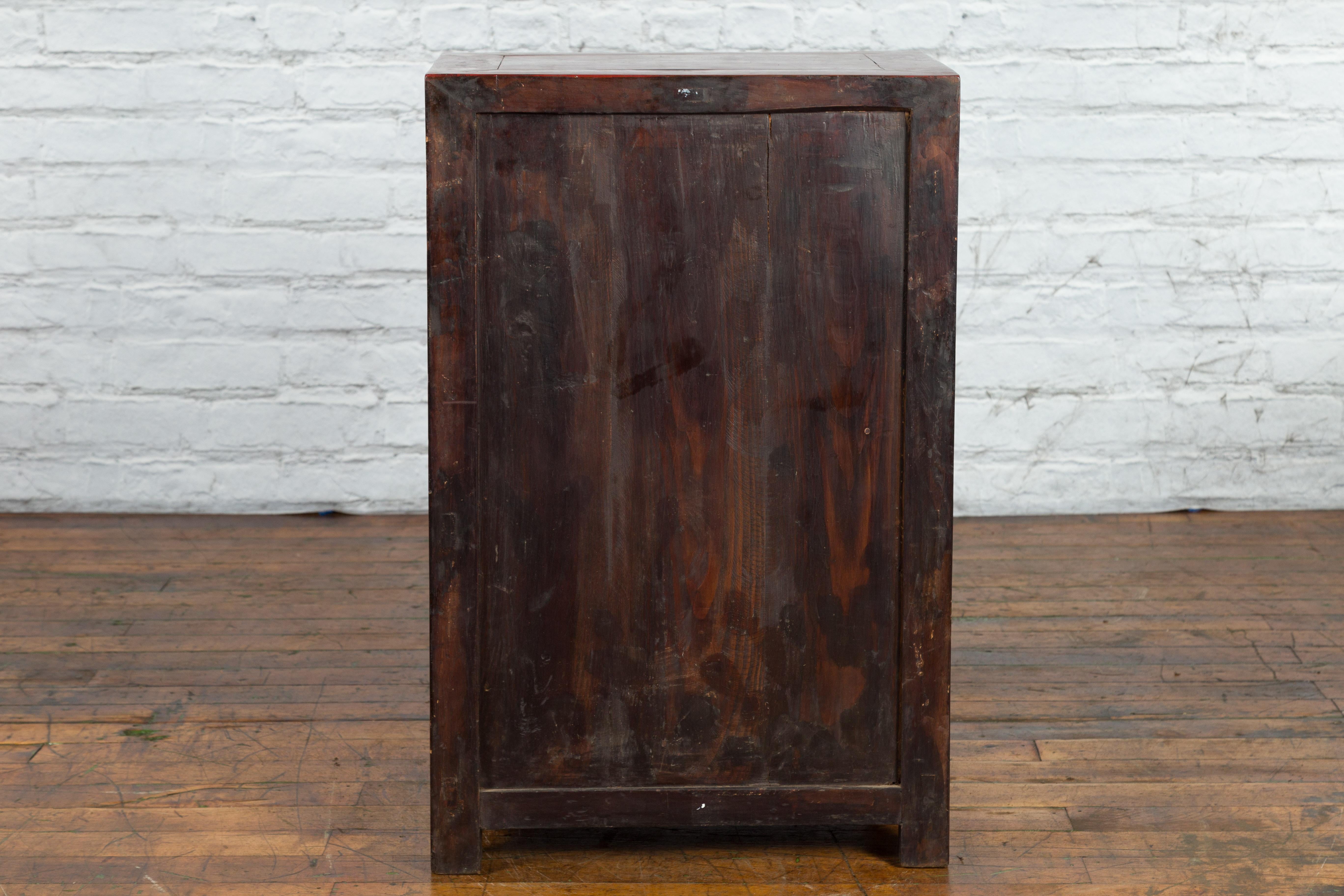 19th Century Qing Dynasty Red Lacquer Small Cabinet with Doors and Drawers For Sale 8