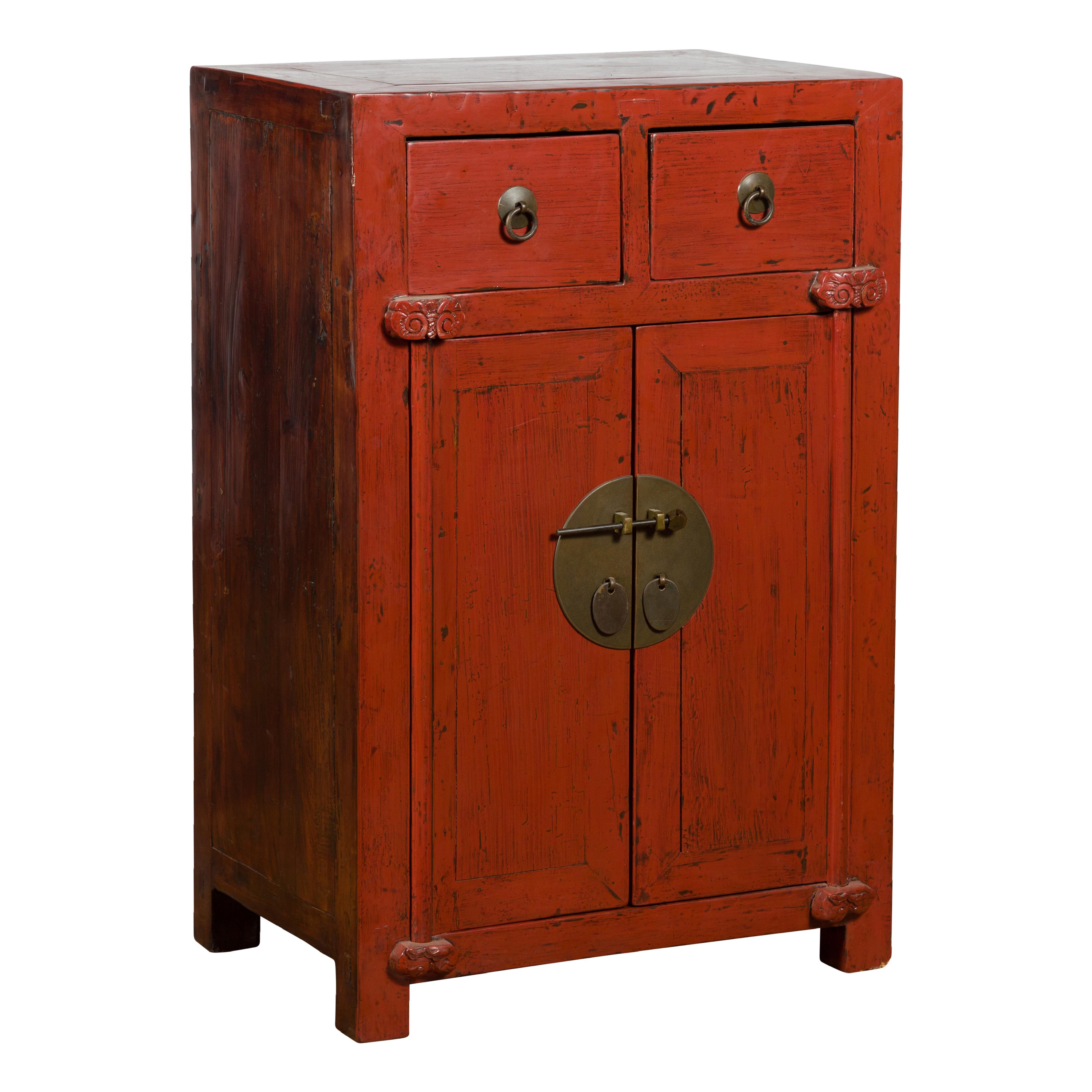 19th Century Qing Dynasty Red Lacquer Small Cabinet with Doors and Drawers For Sale 10
