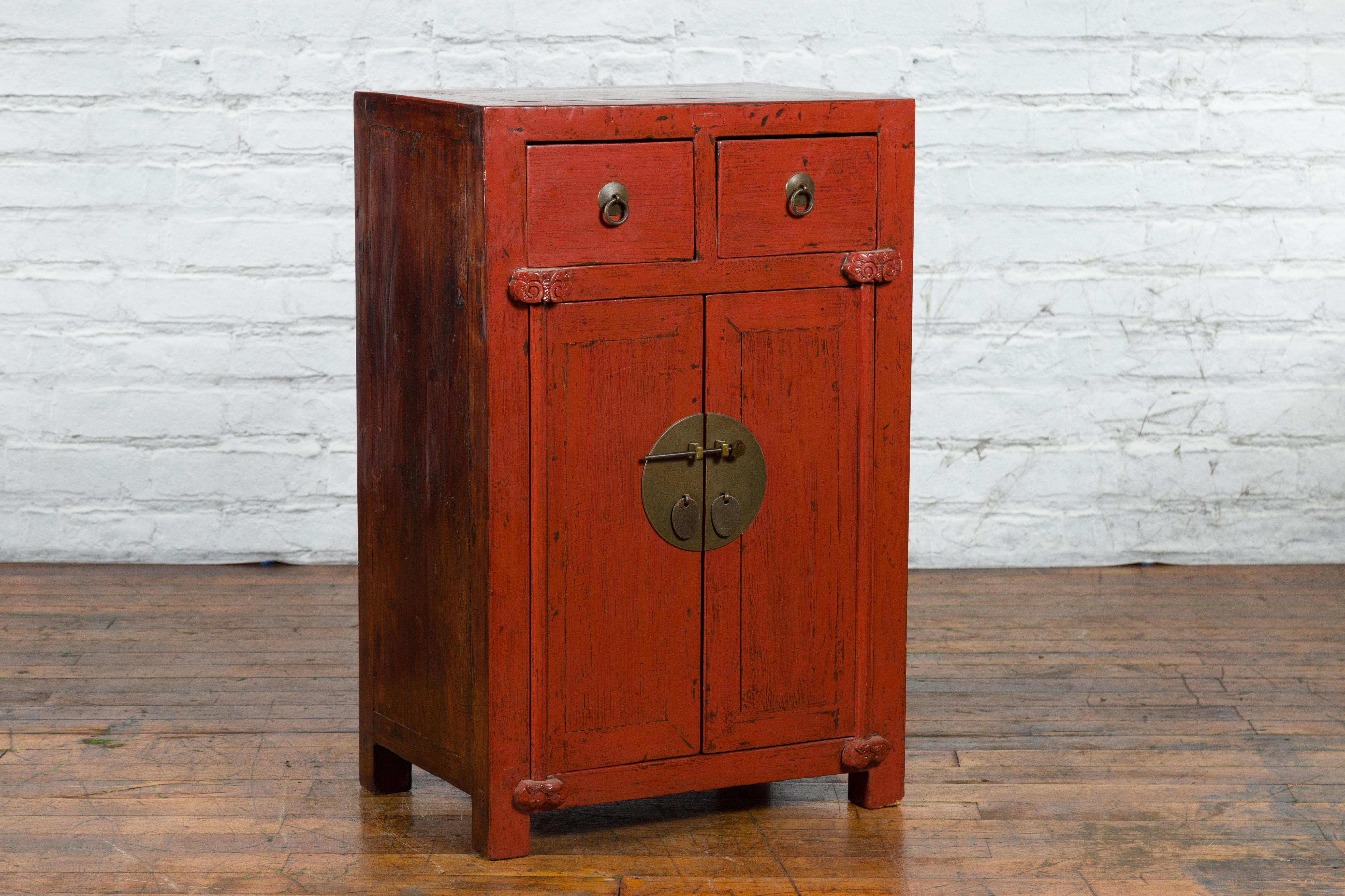 Chinese 19th Century Qing Dynasty Red Lacquer Small Cabinet with Doors and Drawers For Sale