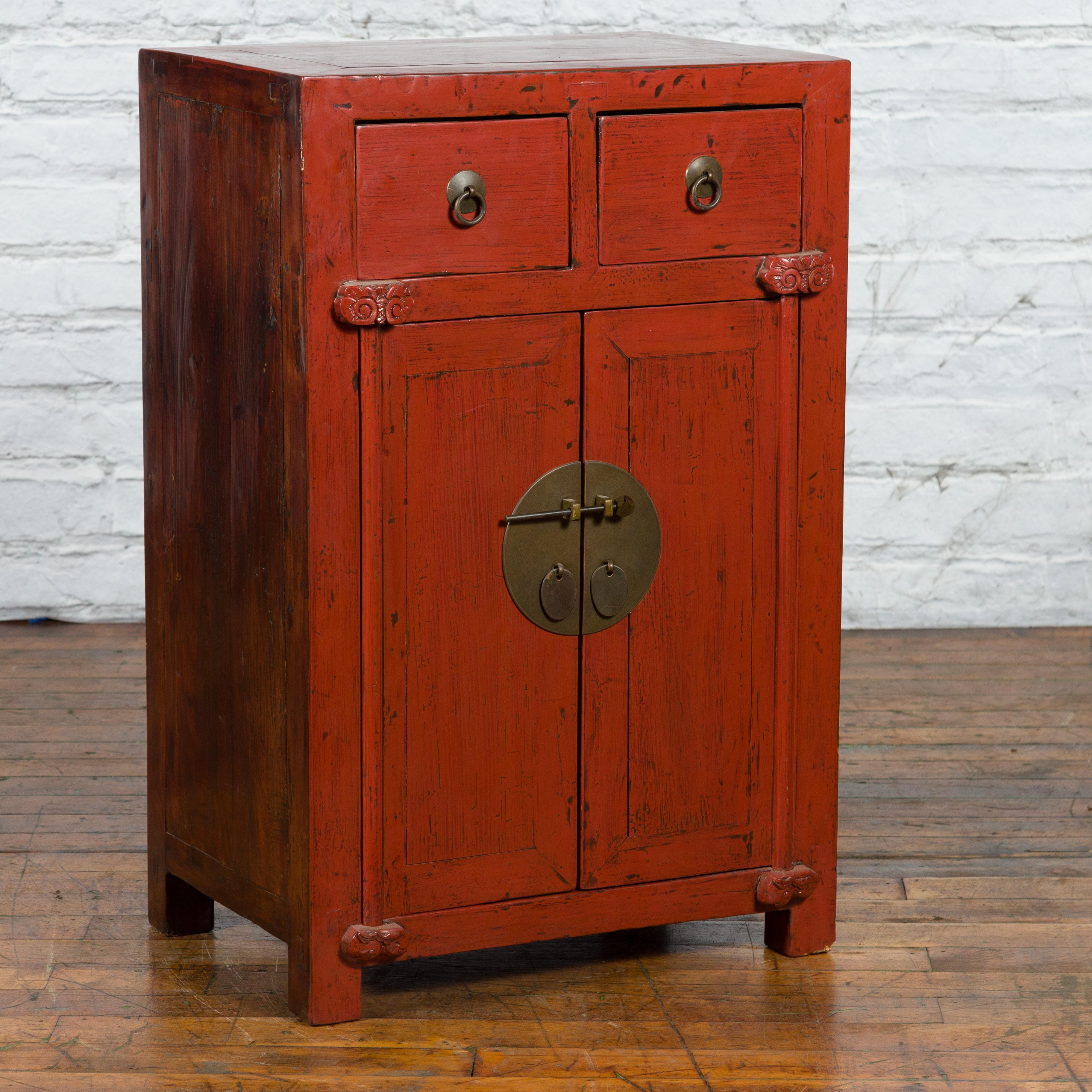 Wood 19th Century Qing Dynasty Red Lacquer Small Cabinet with Doors and Drawers For Sale