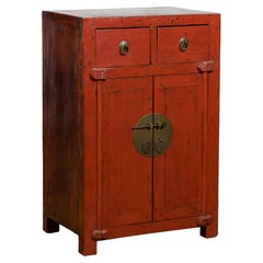 19th Century Qing Dynasty Red Lacquer Small Cabinet with Doors and Drawers