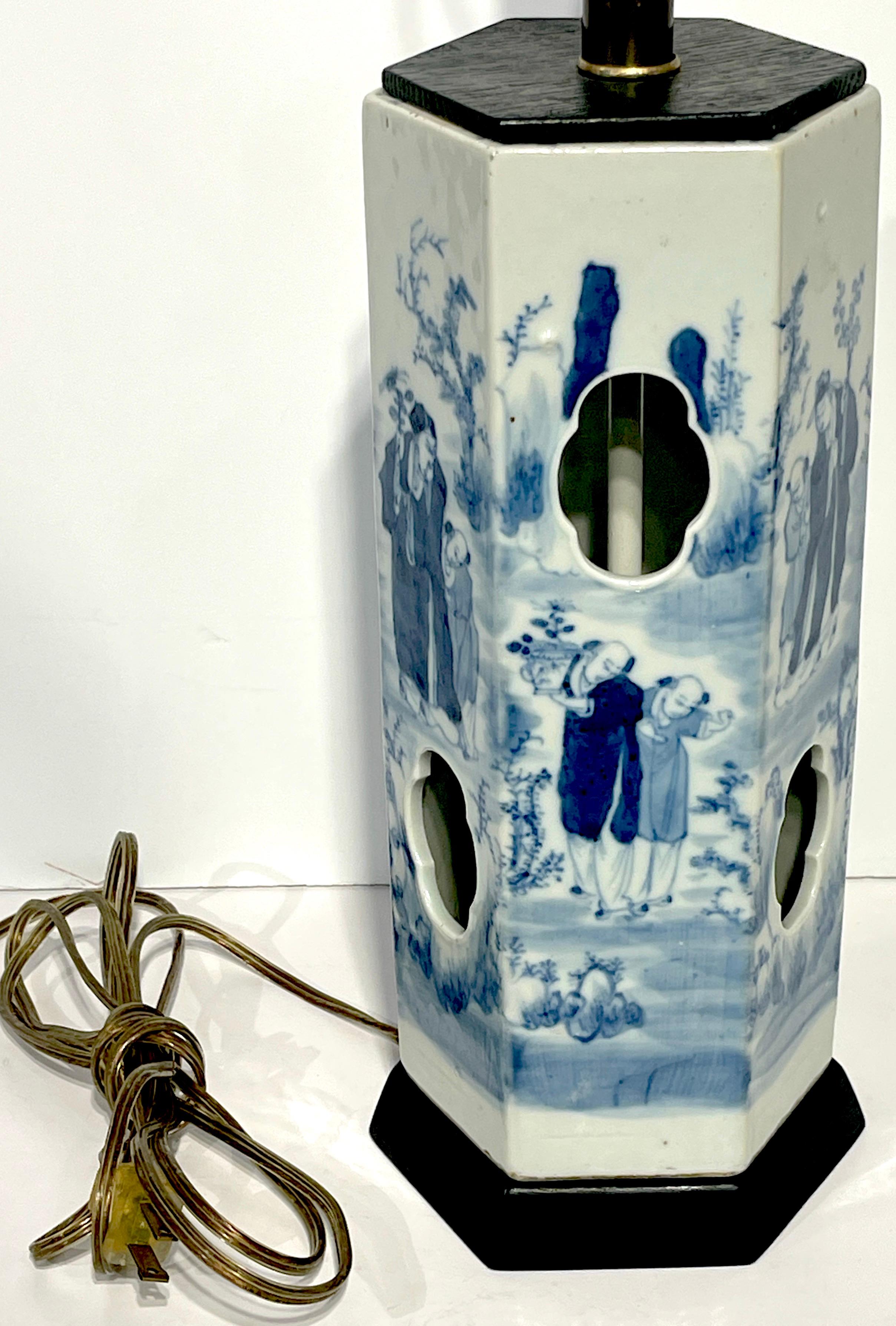 Porcelain 19th Century Qing Period Blue and White Chinese Export Hat Stand, Now as a Lamp  For Sale