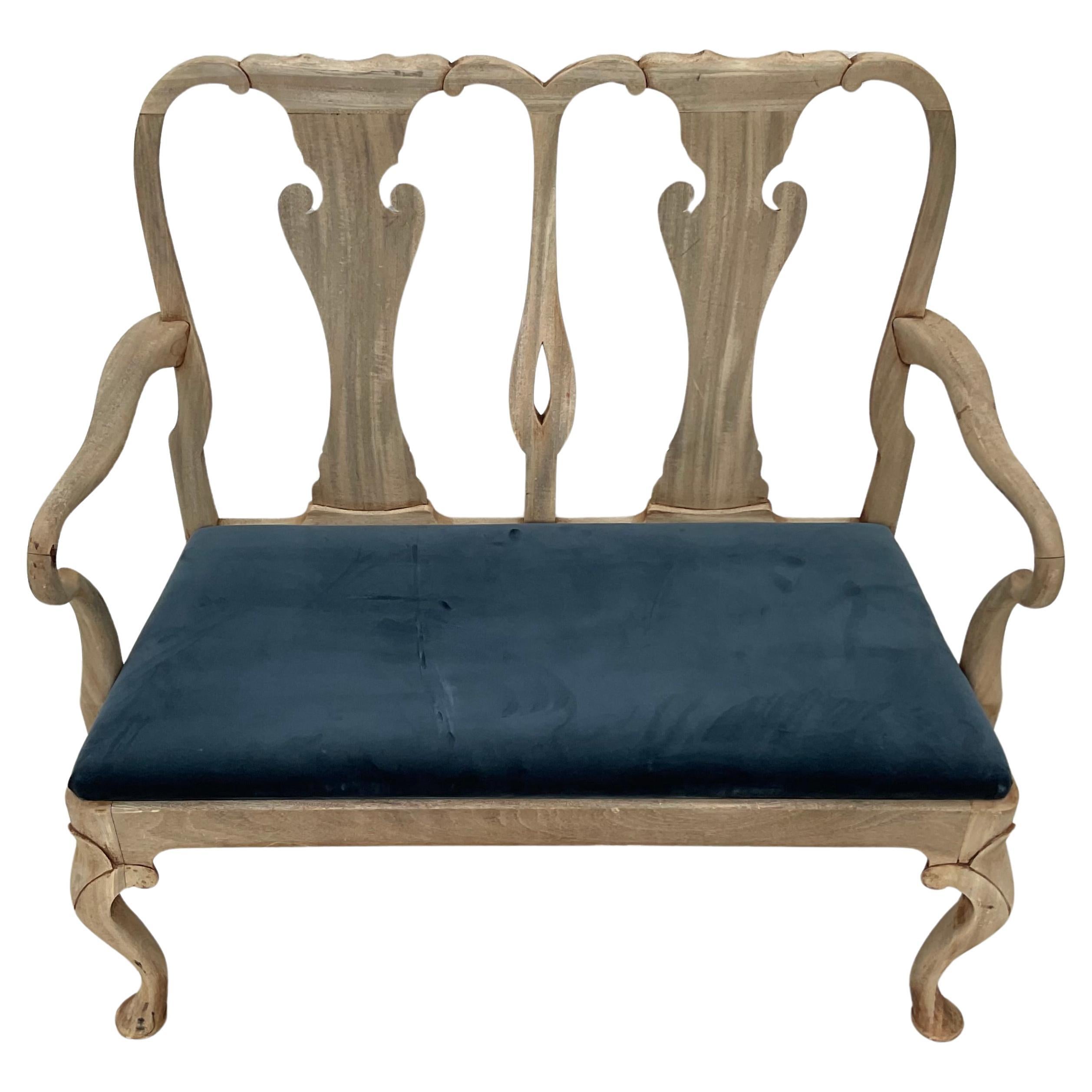 19th century Queen Anne settee. Features Wonderful bleached wood with lovely French blue seat cushion . Beautiful curved arms and cabriole legs with claw feet. Perfect bench for your entranceway, hallway or wherever extra seating is needed. 