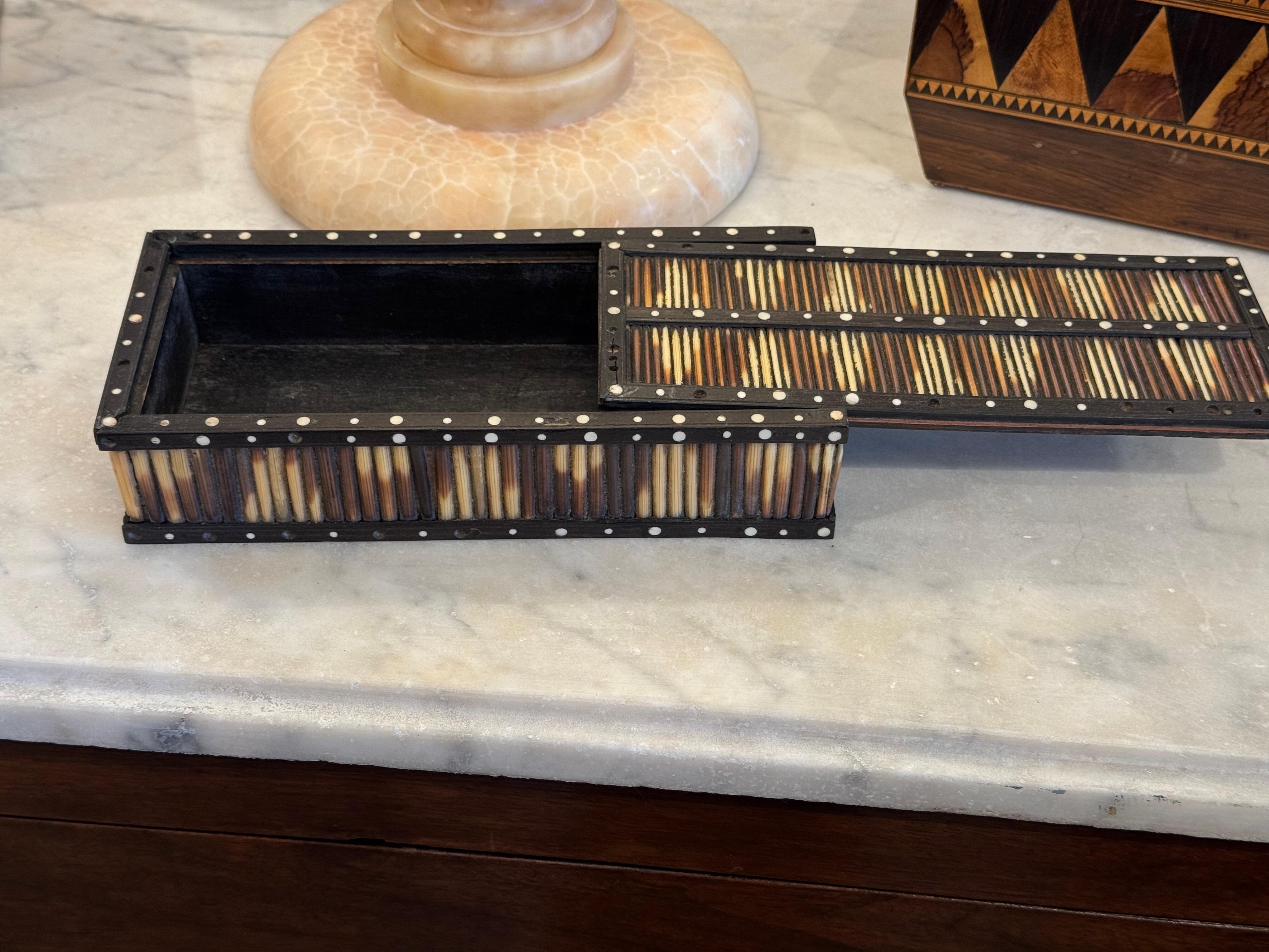 Wood 19th Century Quill and Ebony Sliding-Lid Box With Inlaid Dots