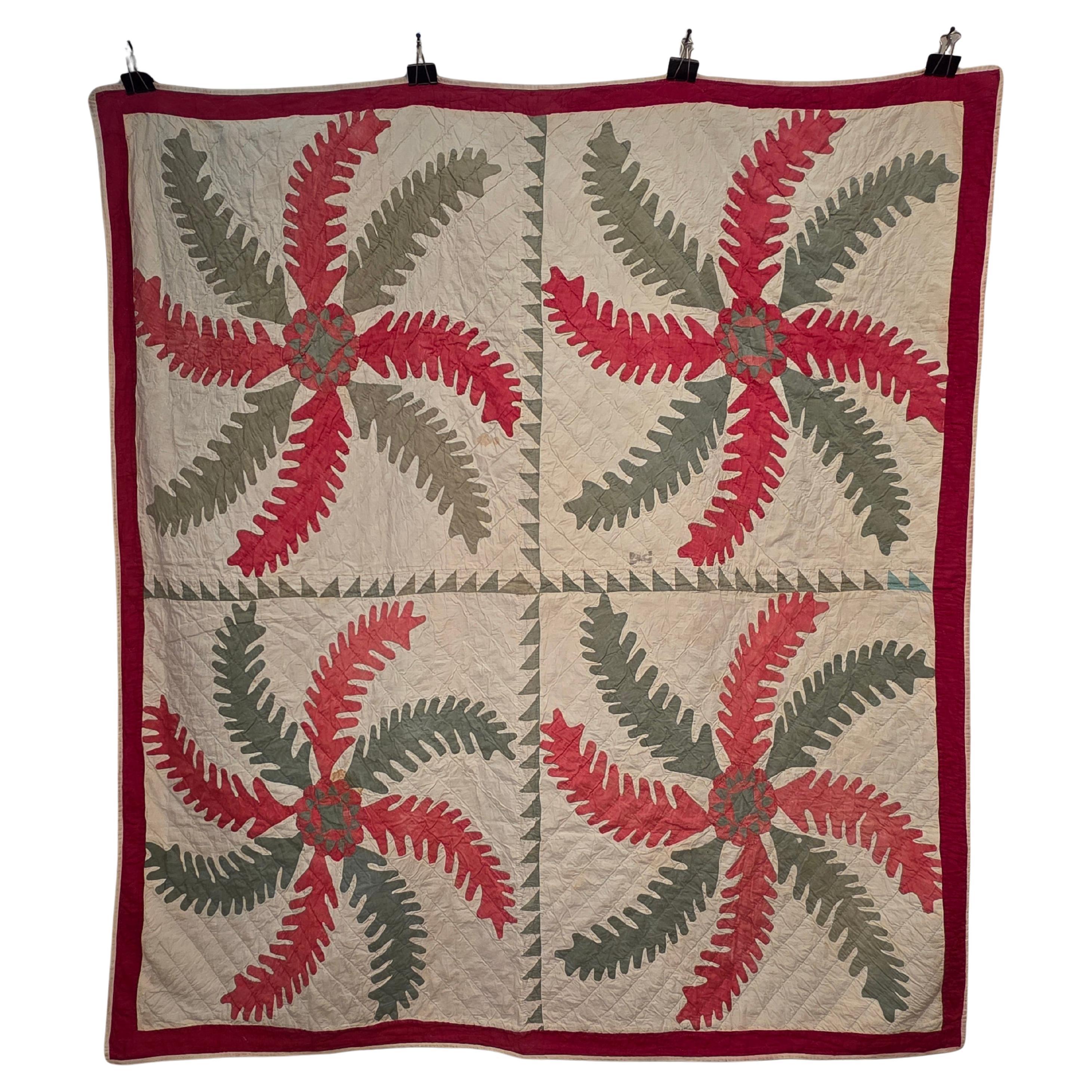 Folk Art 19th Century Quilt Princess Feather and Rose Pattern Circa 1830 For Sale