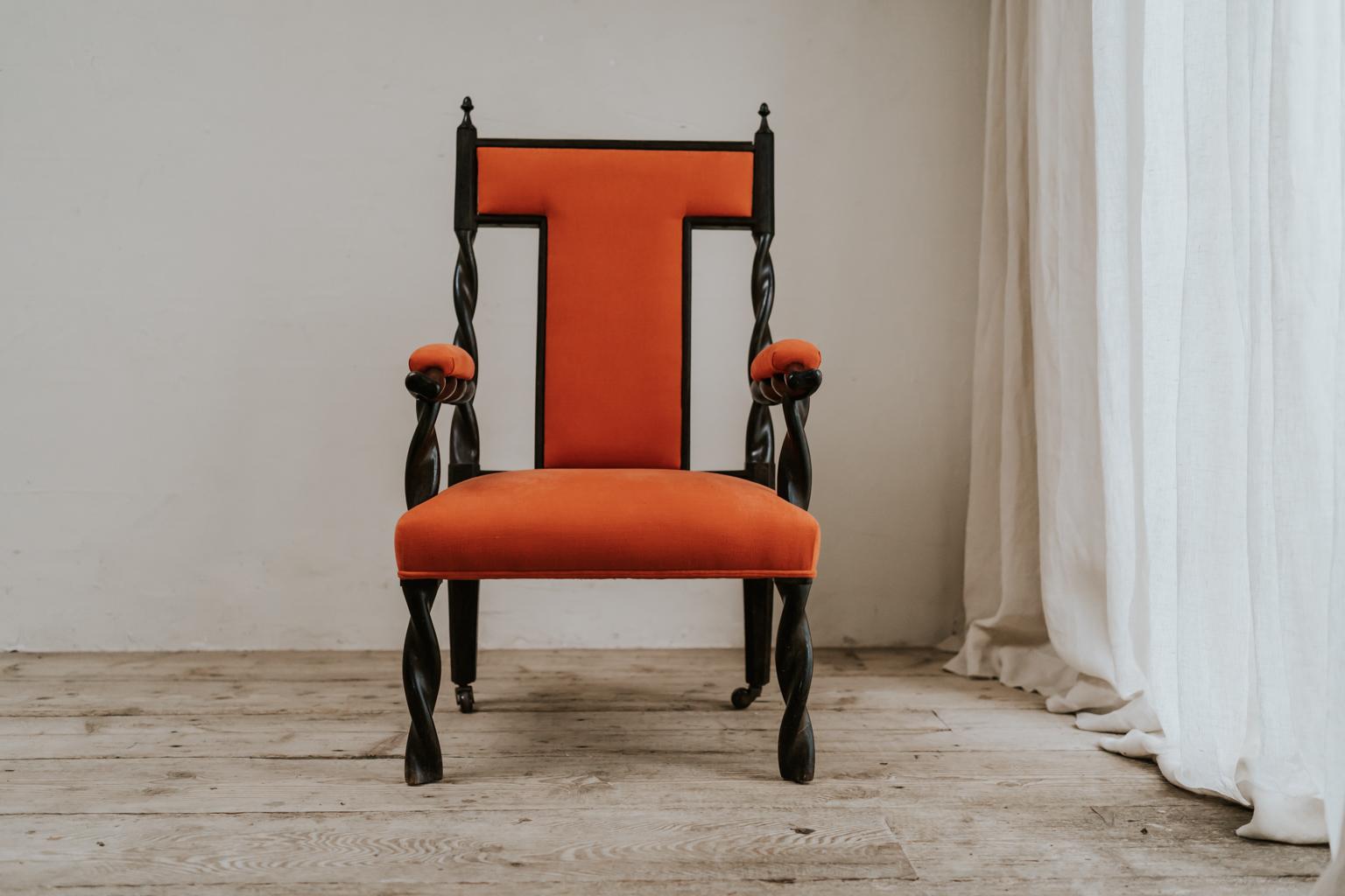 19th century quirky armchair, newly upholstered with Belgian linen, color orange Hermes, great details.