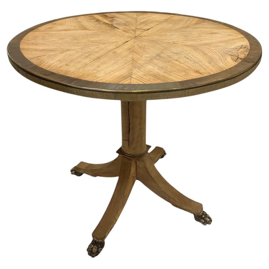 19th Century Radial Veneered Pedestal Table with Brass Trim and Paw Feet