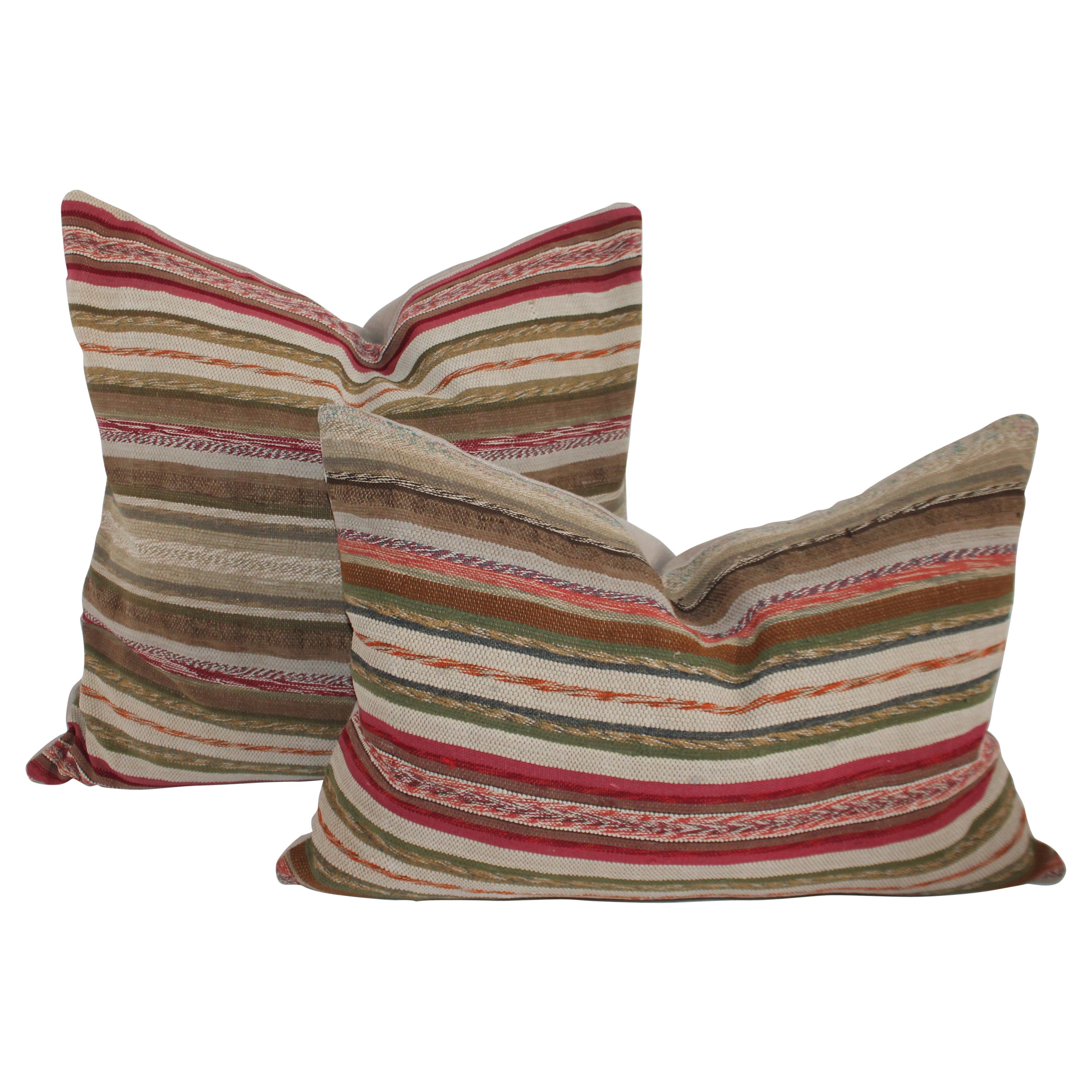 19th Century Rag Rug Country Colors Pillows, 2 For Sale