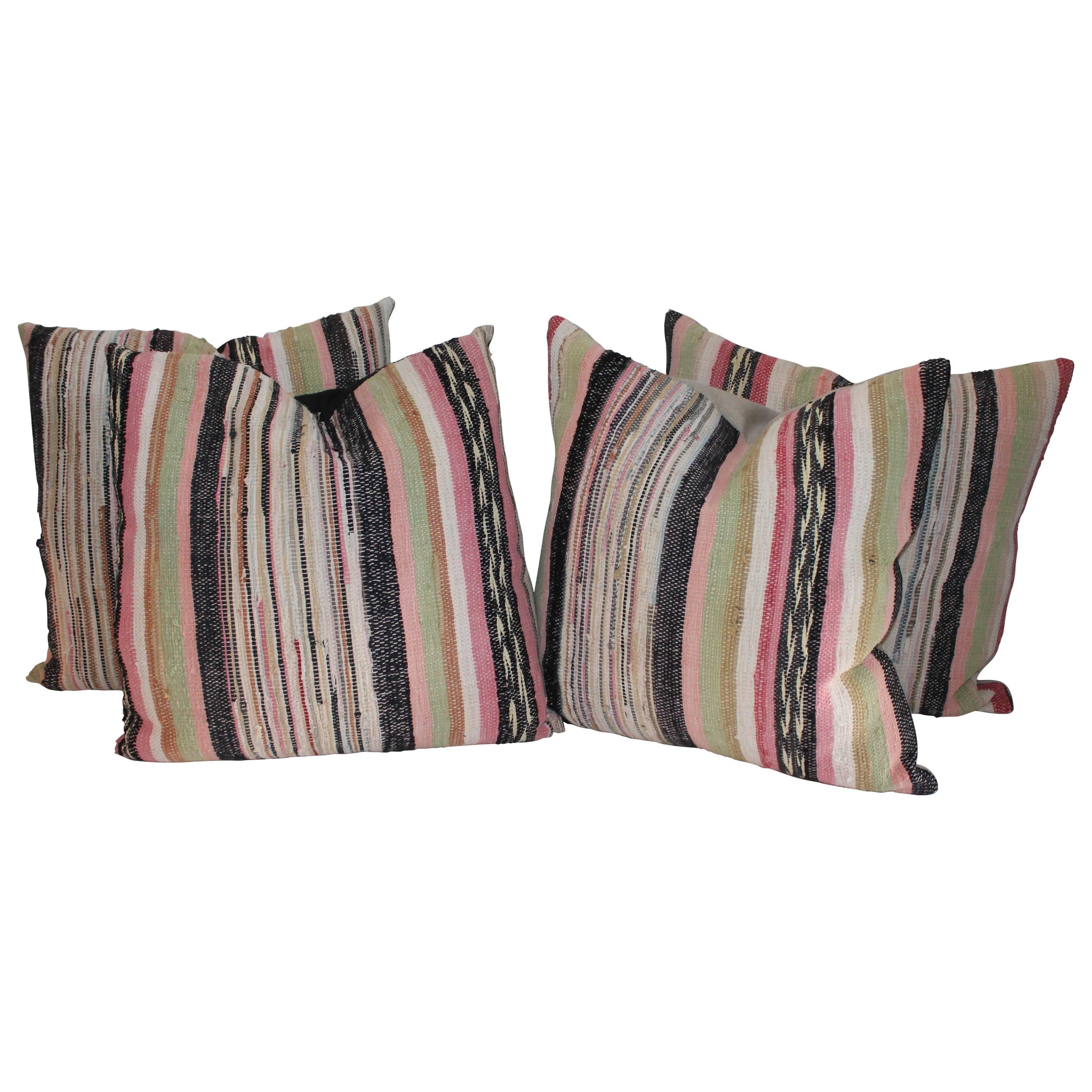 19th Century Rag Rug Pillows, Four For Sale
