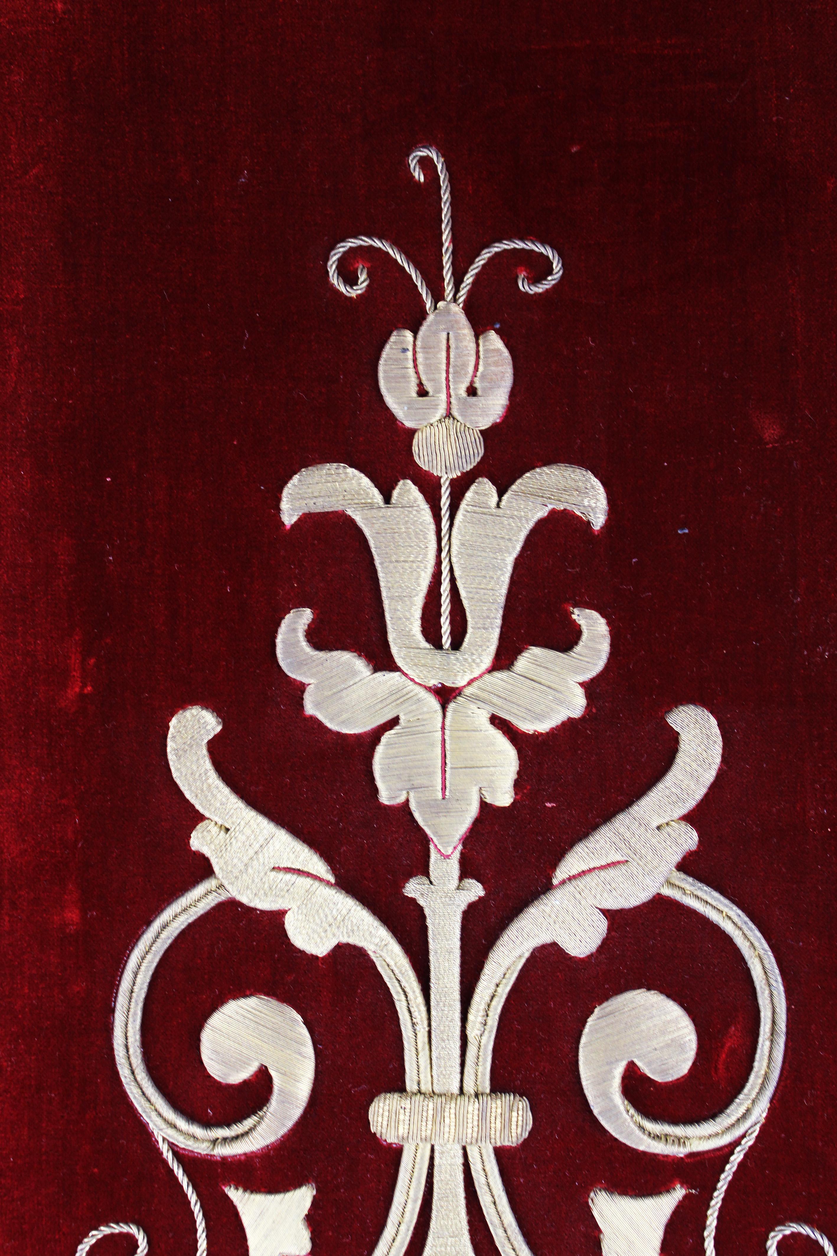 Belgian 19th century raised gold work embroidery liturgical on red silk velvet Belgium For Sale