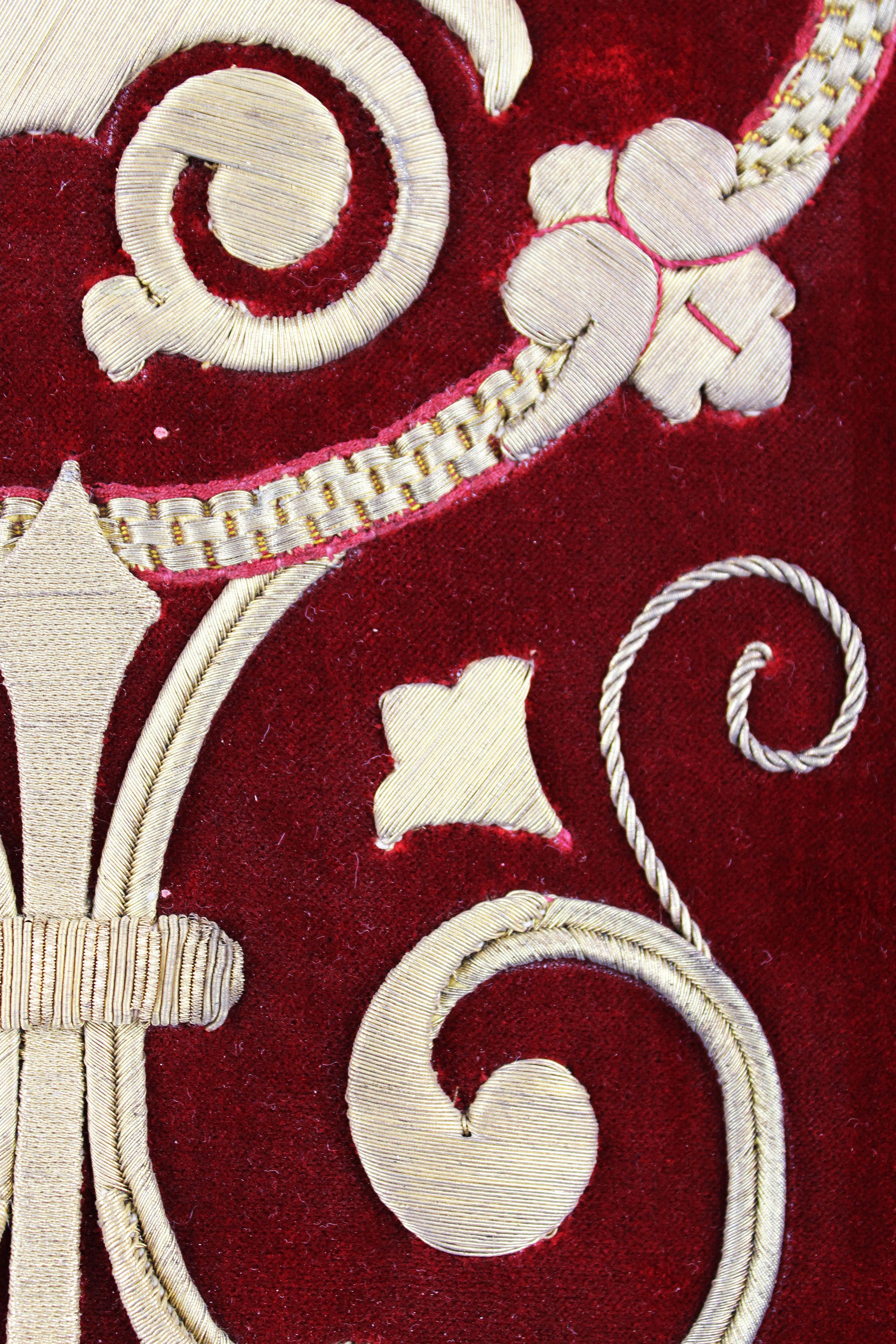 Wool 19th century raised gold work embroidery liturgical on red silk velvet Belgium For Sale