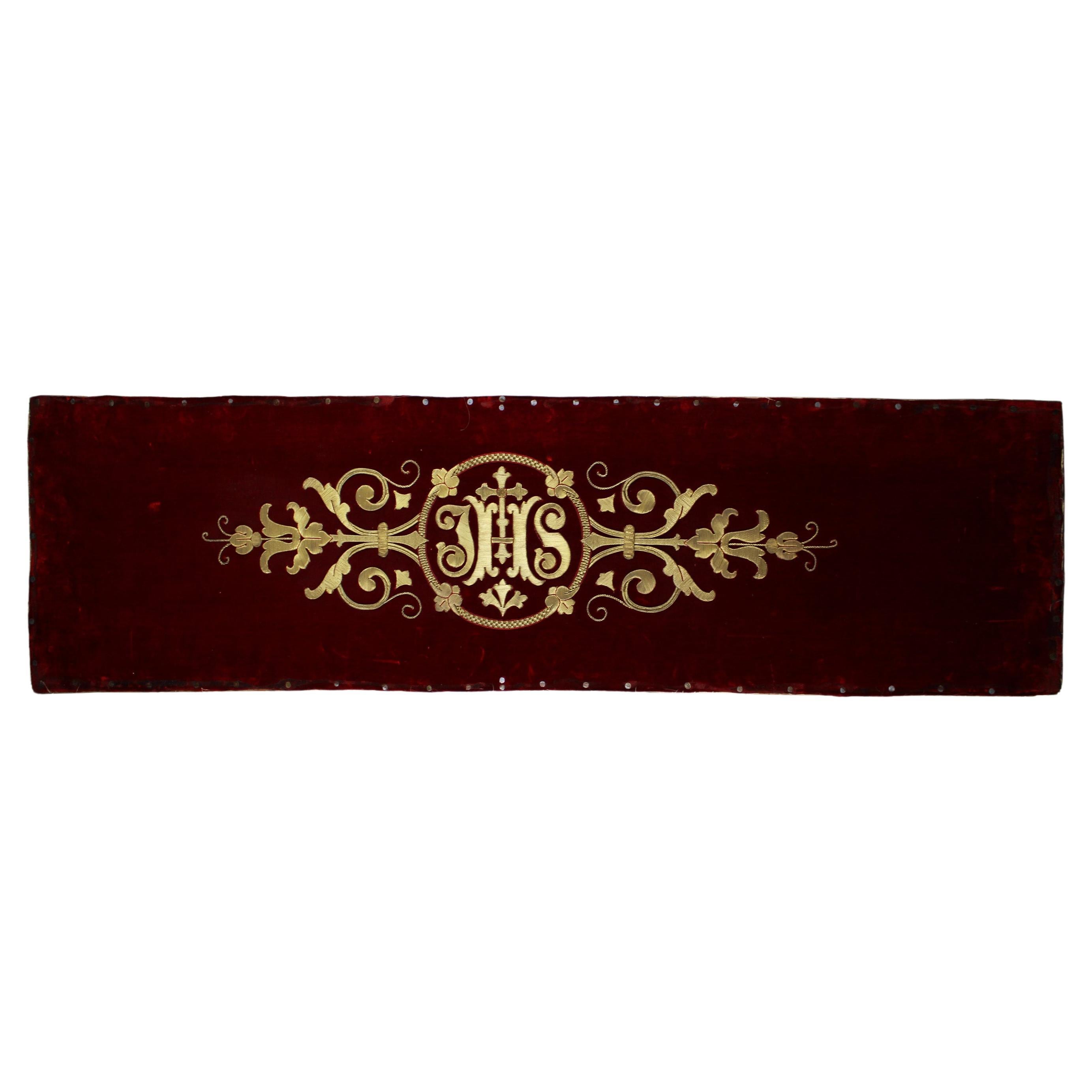 19th century raised gold work embroidery liturgical on red silk velvet Belgium For Sale
