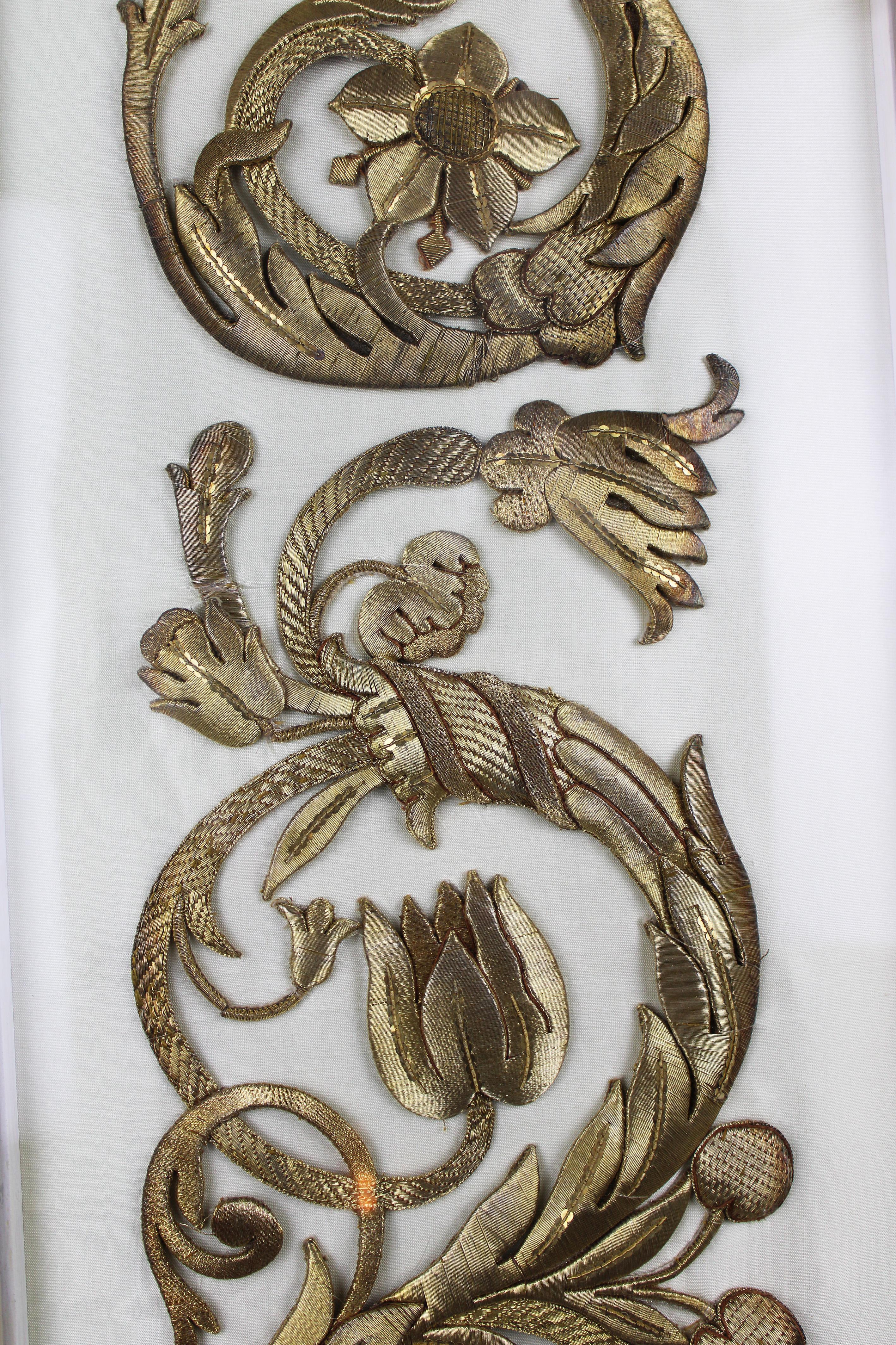 French 19th Century raised goldwork Embroidery stylized Foliage Flowers Fruits France For Sale