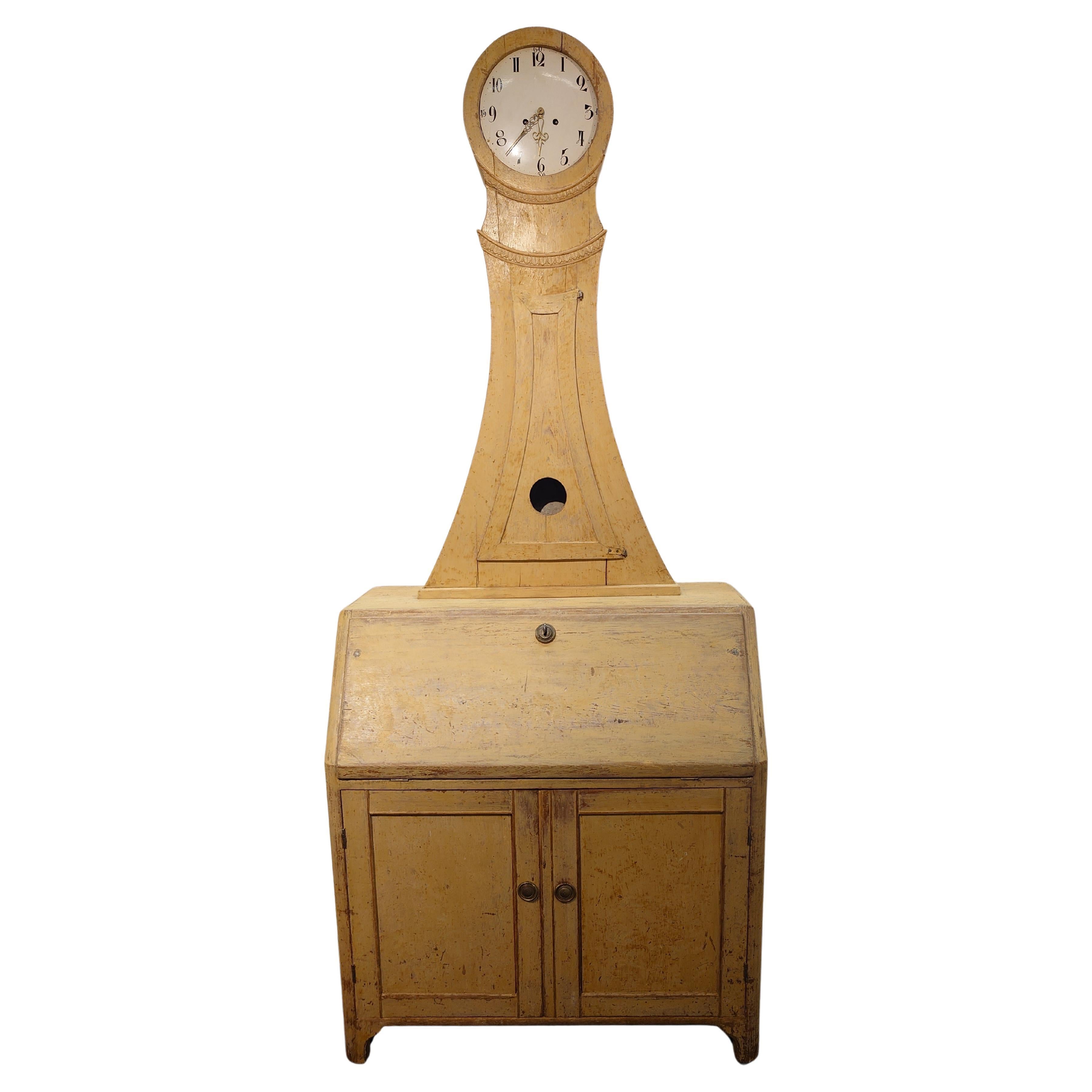 Gustavian  19th Century Rare antique Northern Swedish  pine Secretary clock desk  country For Sale