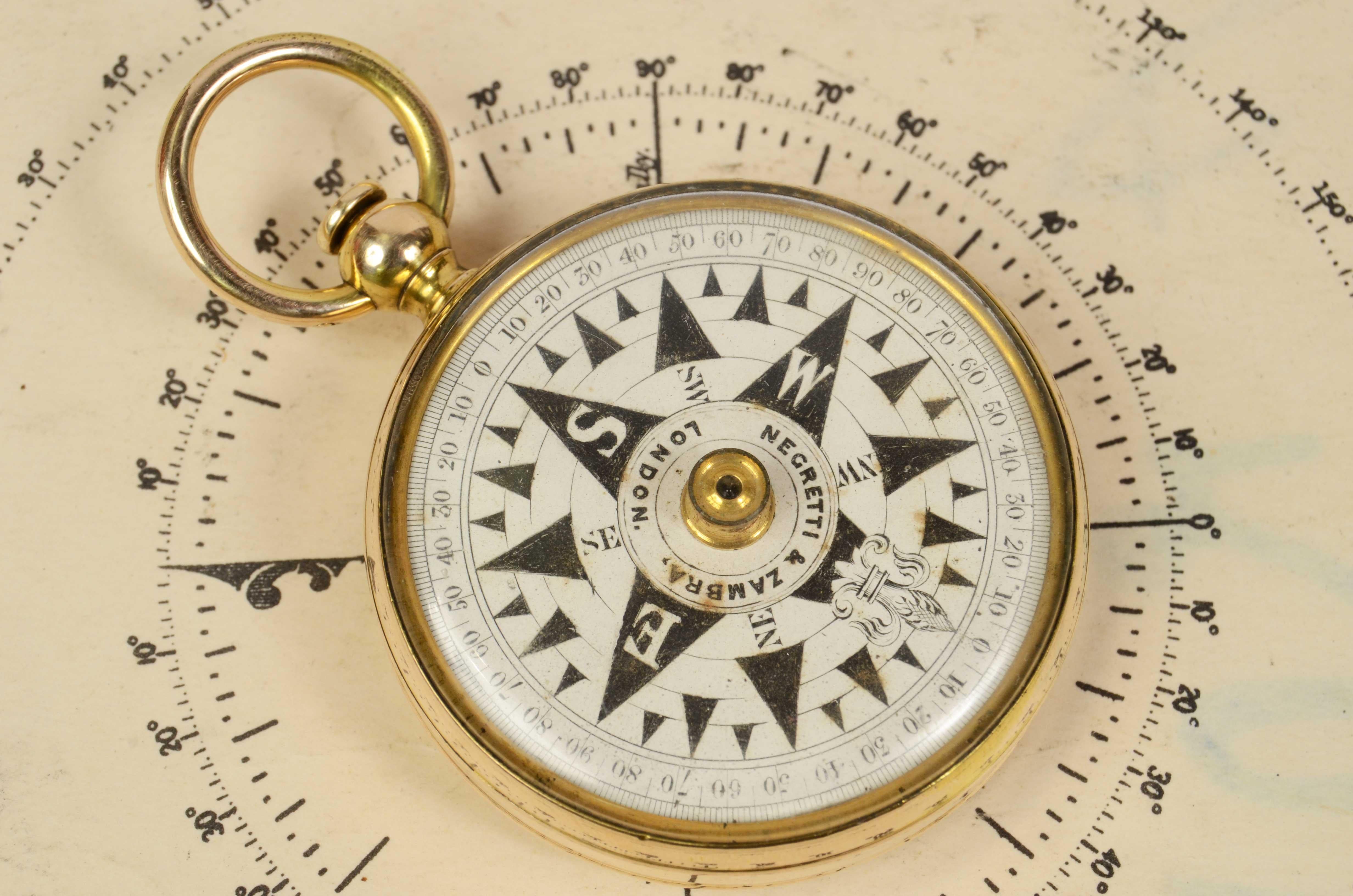 Very rare vintage brass pocket nautical compass mounted inside a clock case with a ring to hang it to a chain; compass card with eight winds with goniometric circle, signed Negretti & Zambra London, end of the XIX century. 
Very good condition