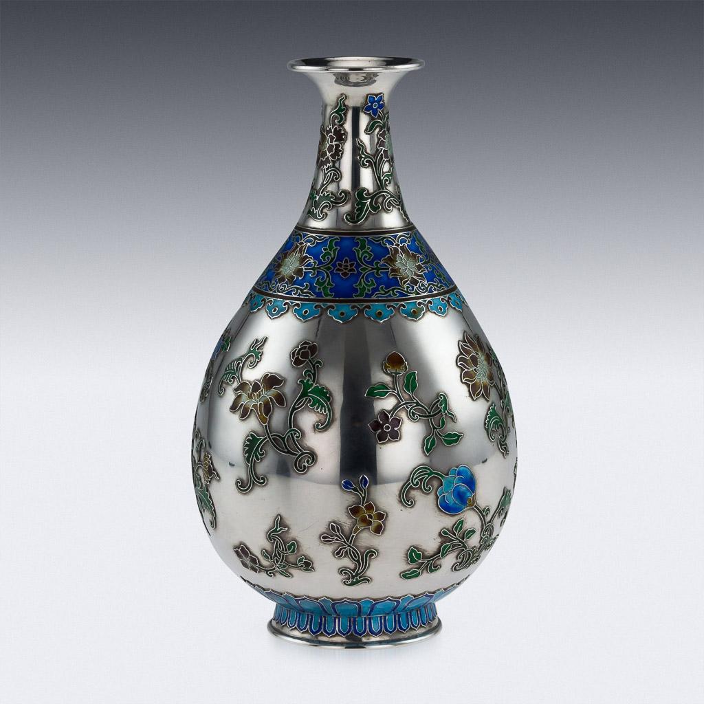 Antique 19th century extremely rare Chinese solid silver and enamel vase, the sides are applied with shaded enamel, depicting blooming chrysanthemums. The vase is of good traditional size and features stunning workmenship. Although the silver is not