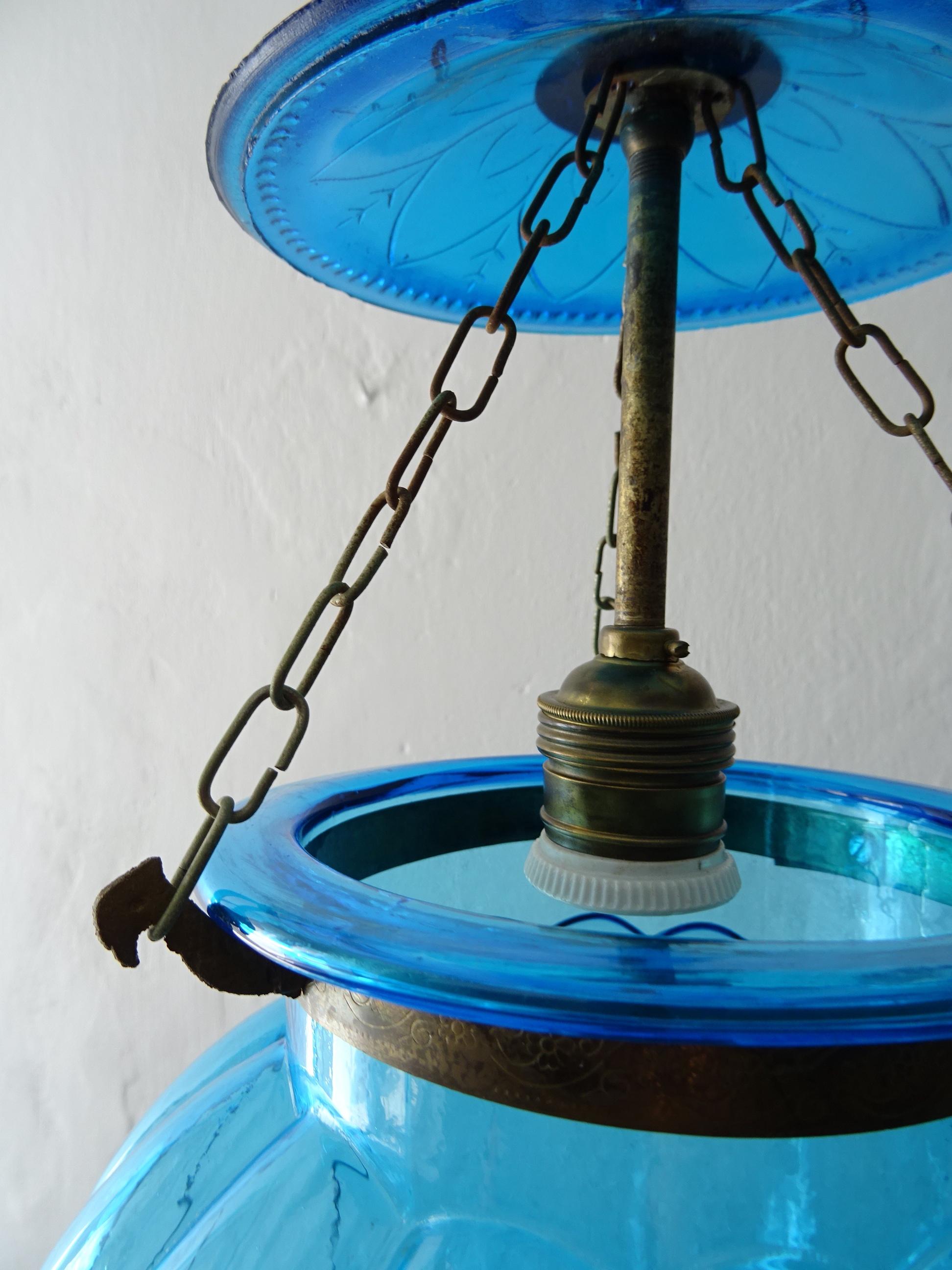 19th Century Rare Cobalt Blue English Bell Jar Lantern Chandelier 5