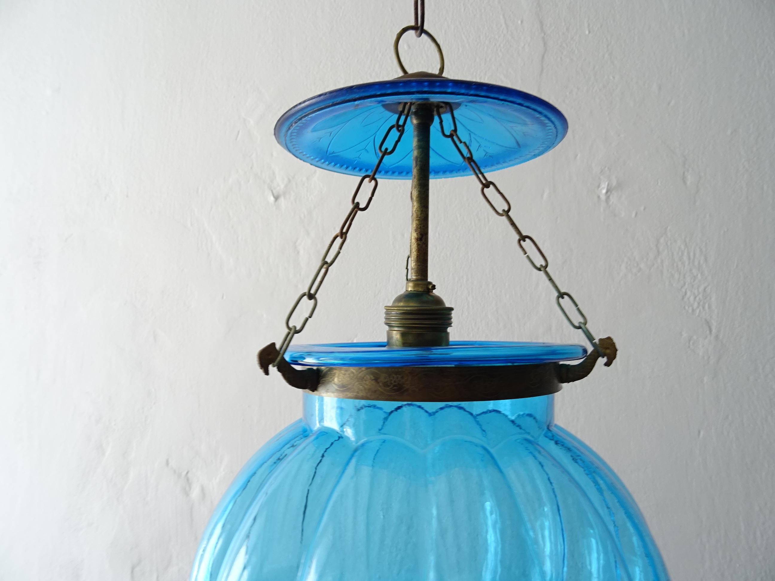 British Colonial 19th Century Rare Cobalt Blue English Bell Jar Lantern Chandelier