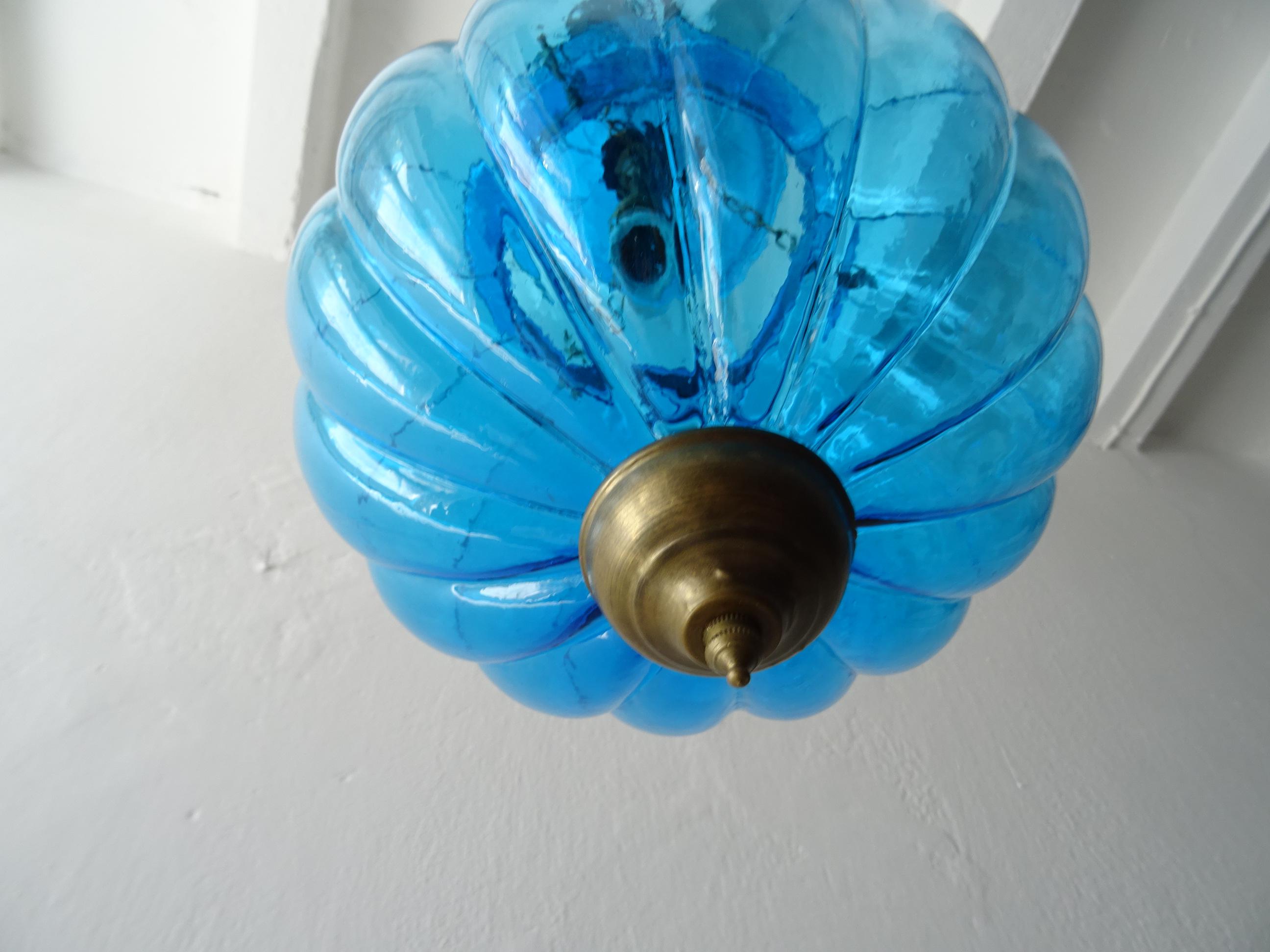 19th Century Rare Cobalt Blue English Bell Jar Lantern Chandelier 1