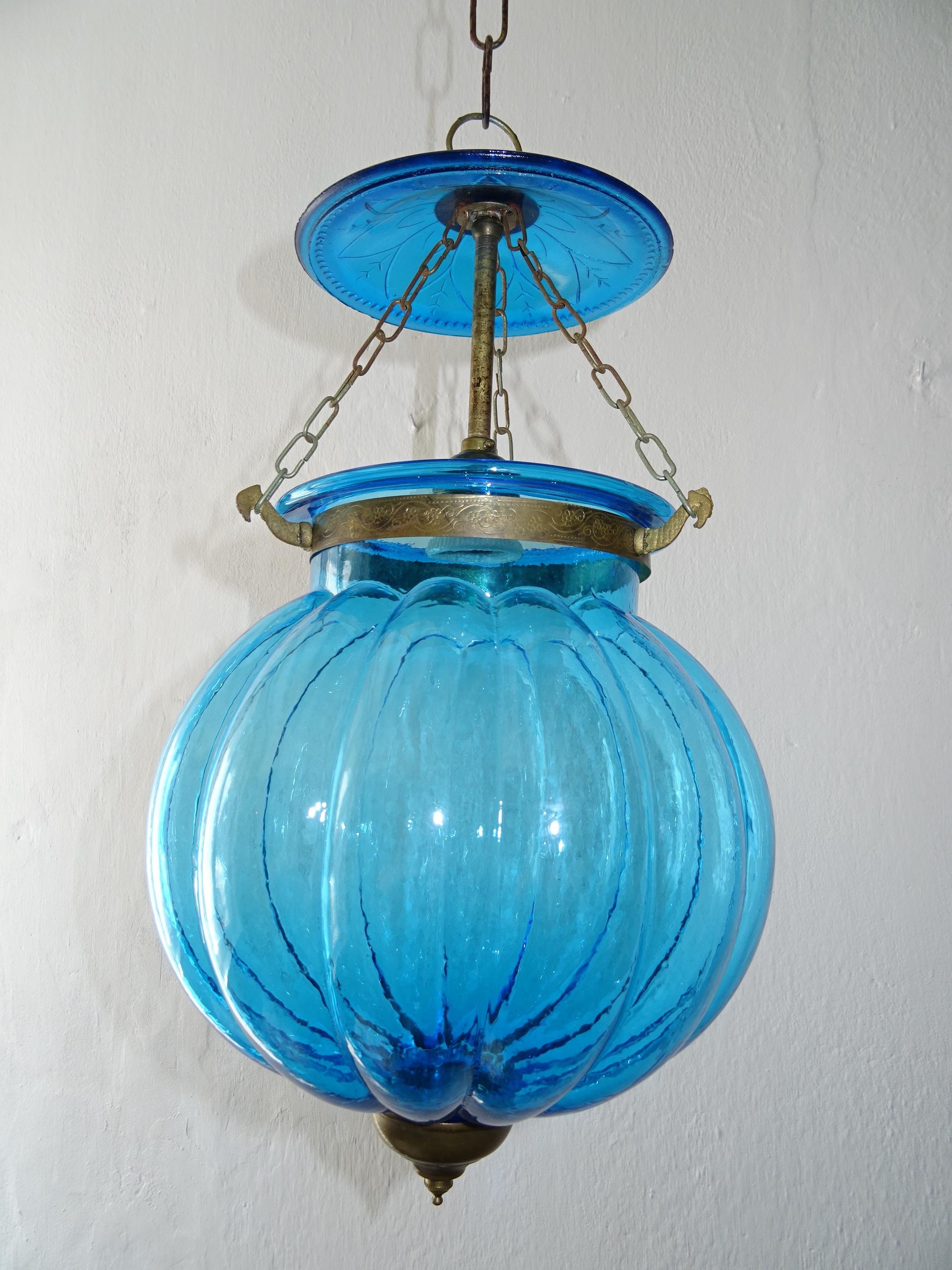 19th Century Rare Cobalt Blue English Bell Jar Lantern Chandelier 2