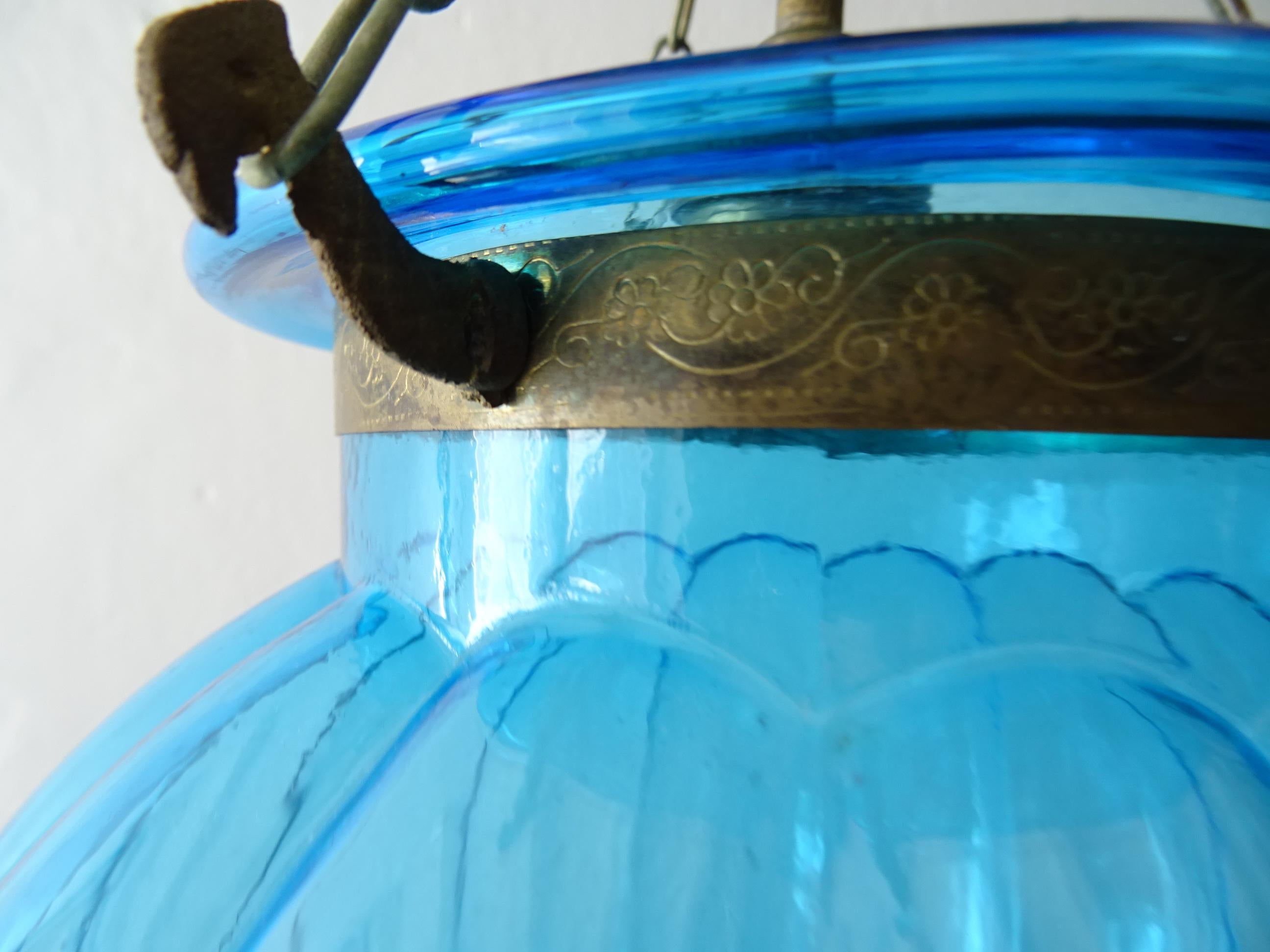 19th Century Rare Cobalt Blue English Bell Jar Lantern Chandelier 3