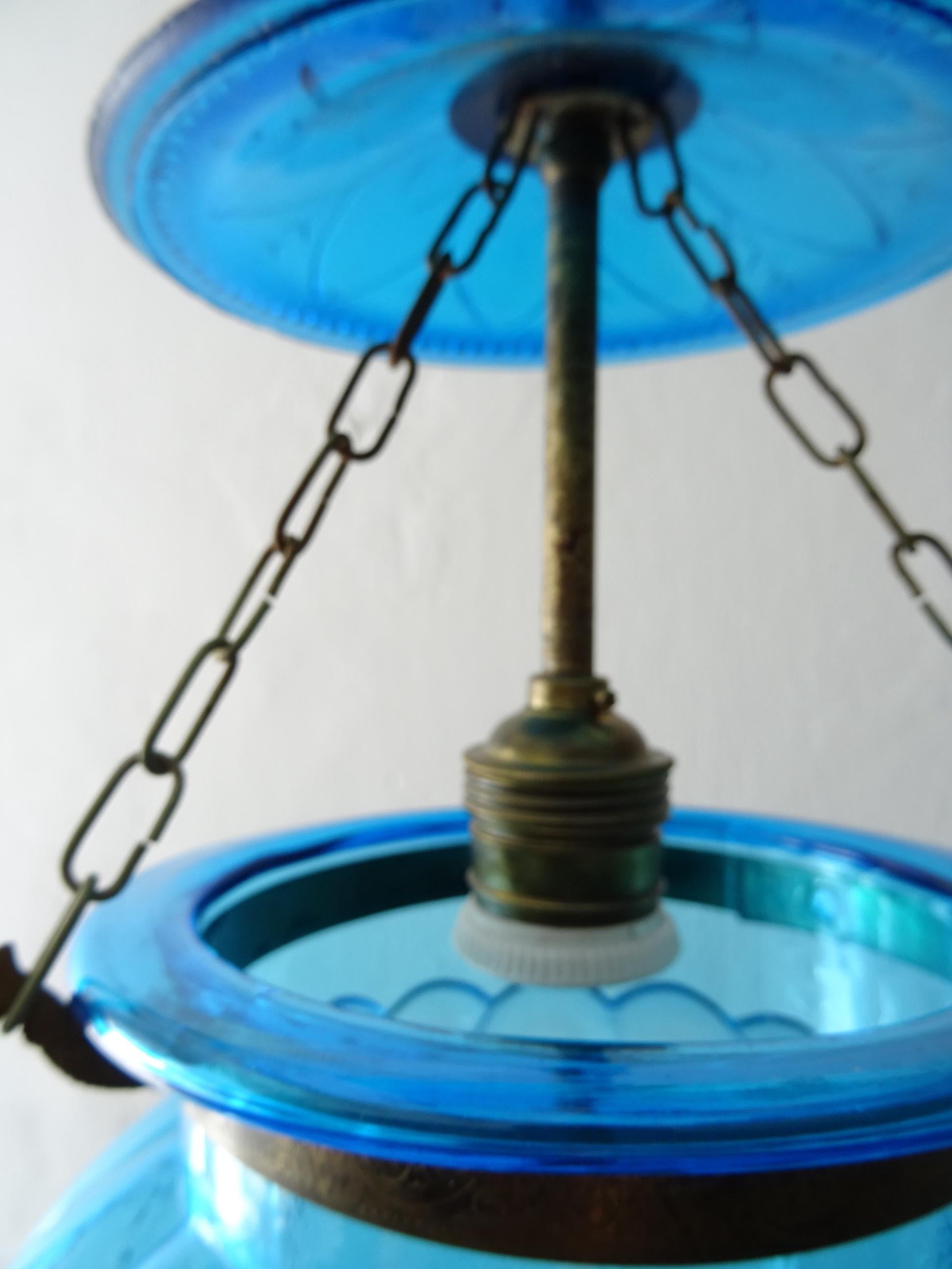 19th Century Rare Cobalt Blue English Bell Jar Lantern Chandelier 4