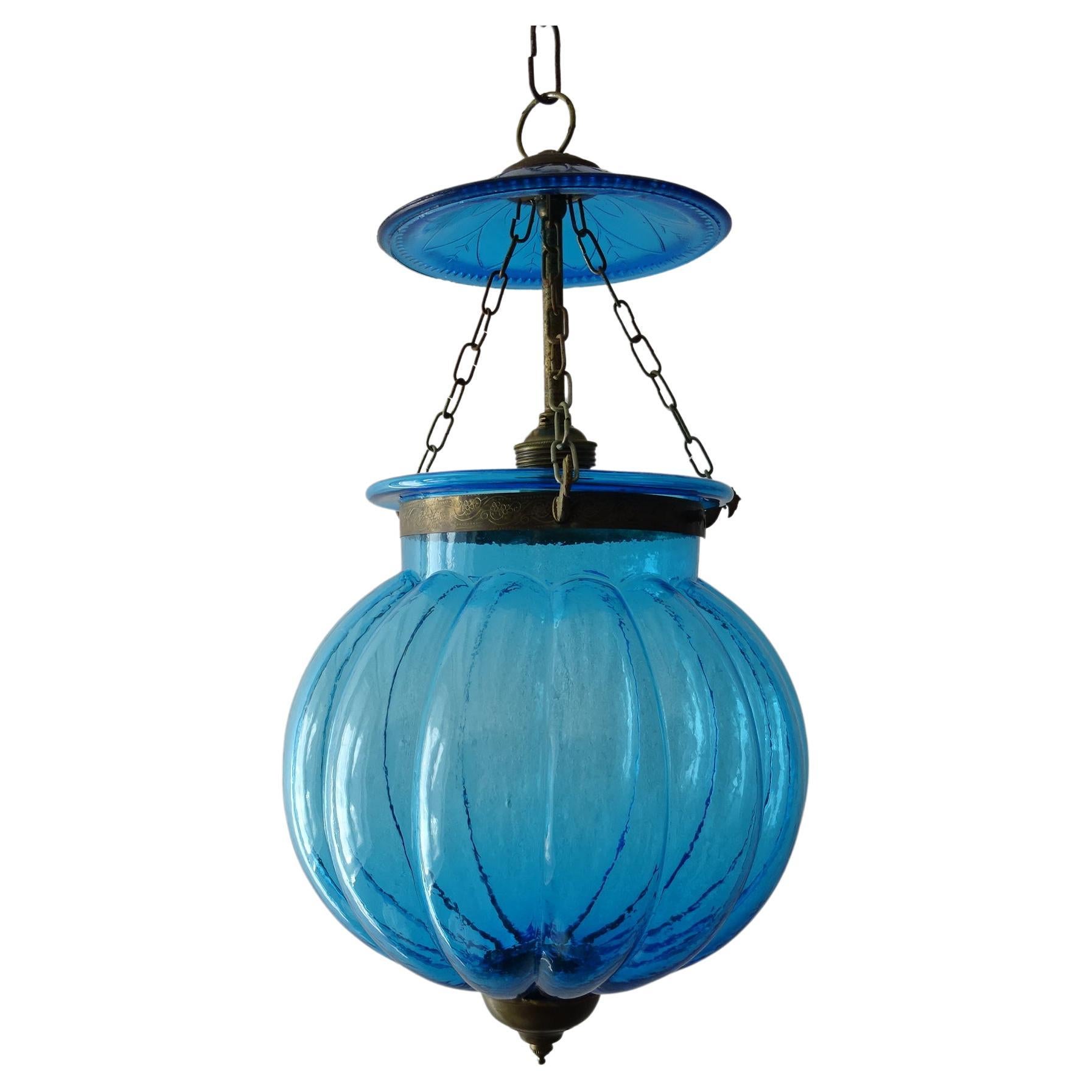 19th Century Rare Cobalt Blue English Bell Jar Lantern Chandelier