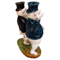 19th Century Rare French Majolica Pigs Gentlemen Delphin Massier