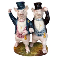 19th Century Rare French Majolica Pigs Gentlemen Delphin Massier