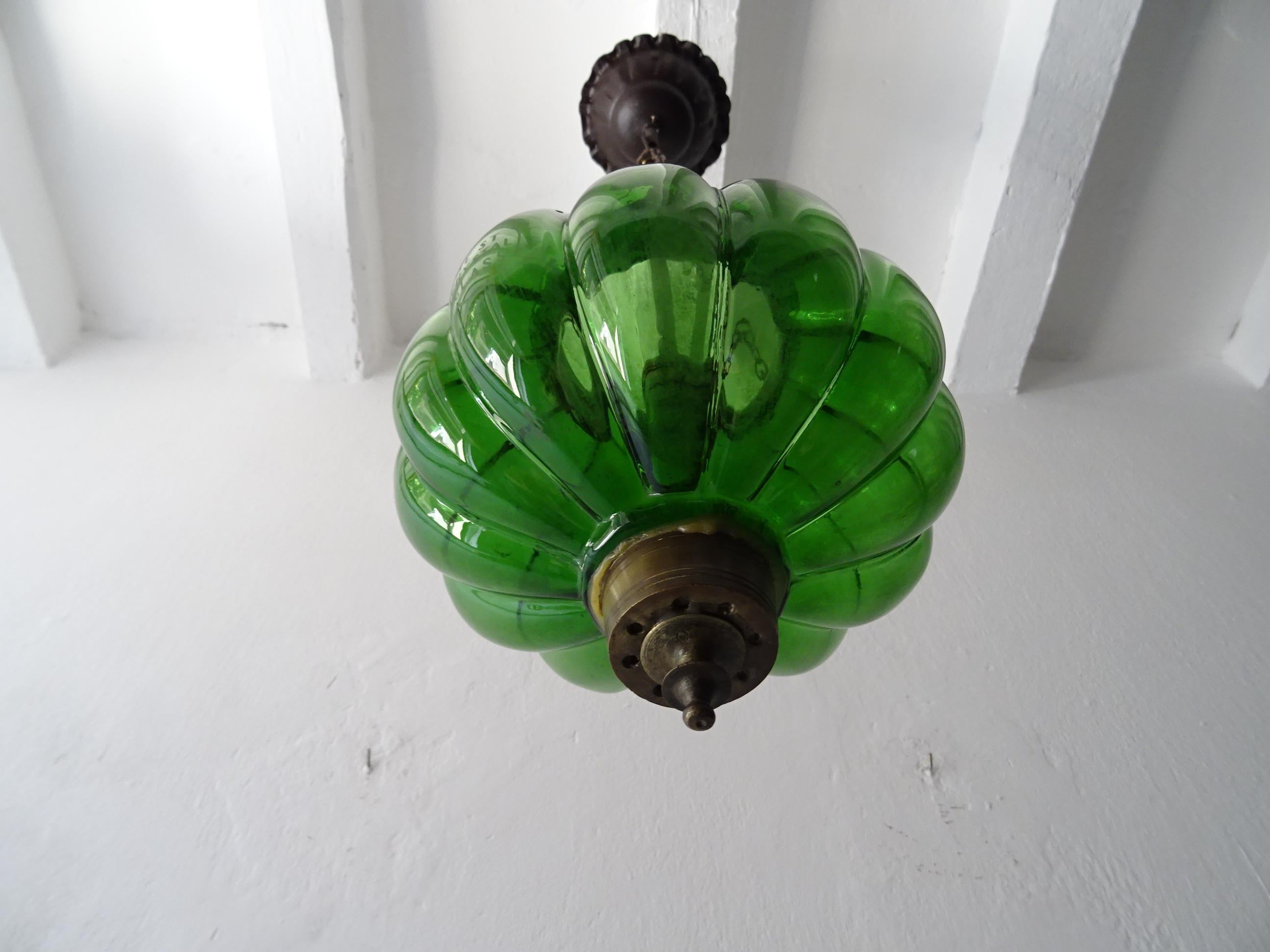 19th Century Rare Green Belgium Bell Jar Lantern Chandelier 2