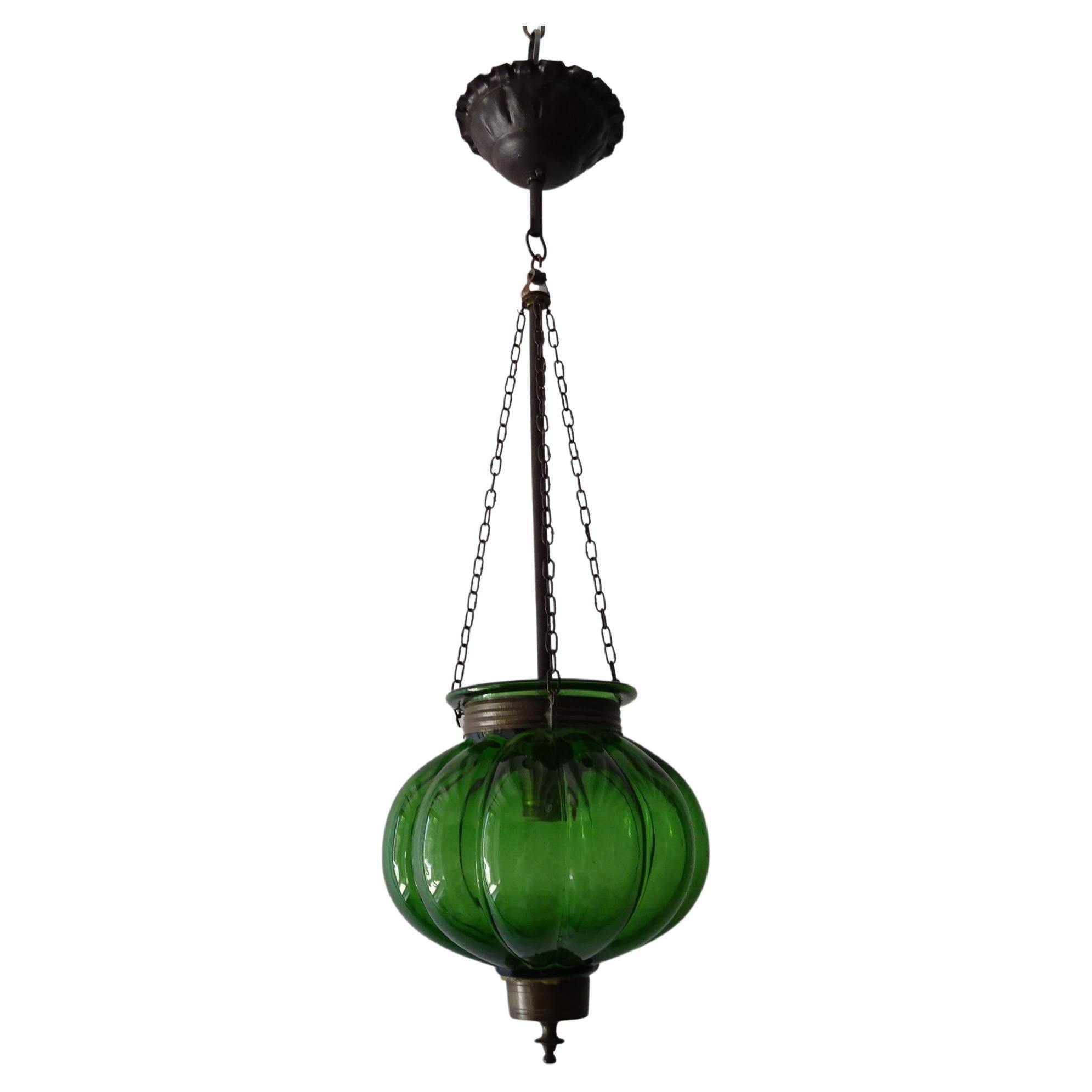 19th Century Rare Green Belgium Bell Jar Lantern Chandelier