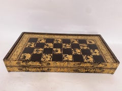 19th Century Rare Large Chinese Gilt Lacquer Gaming Board Box with Chesses